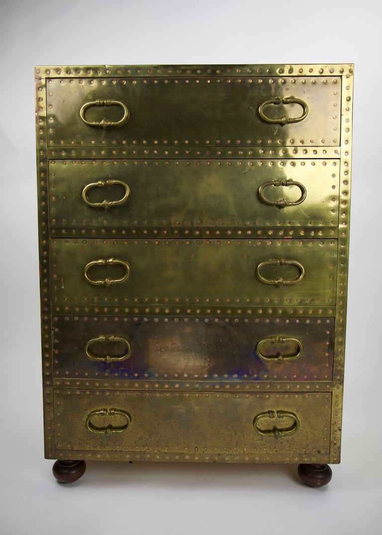Sarreid Ltd Riveted Brass Chest of 5 Drawers at 1stDibs