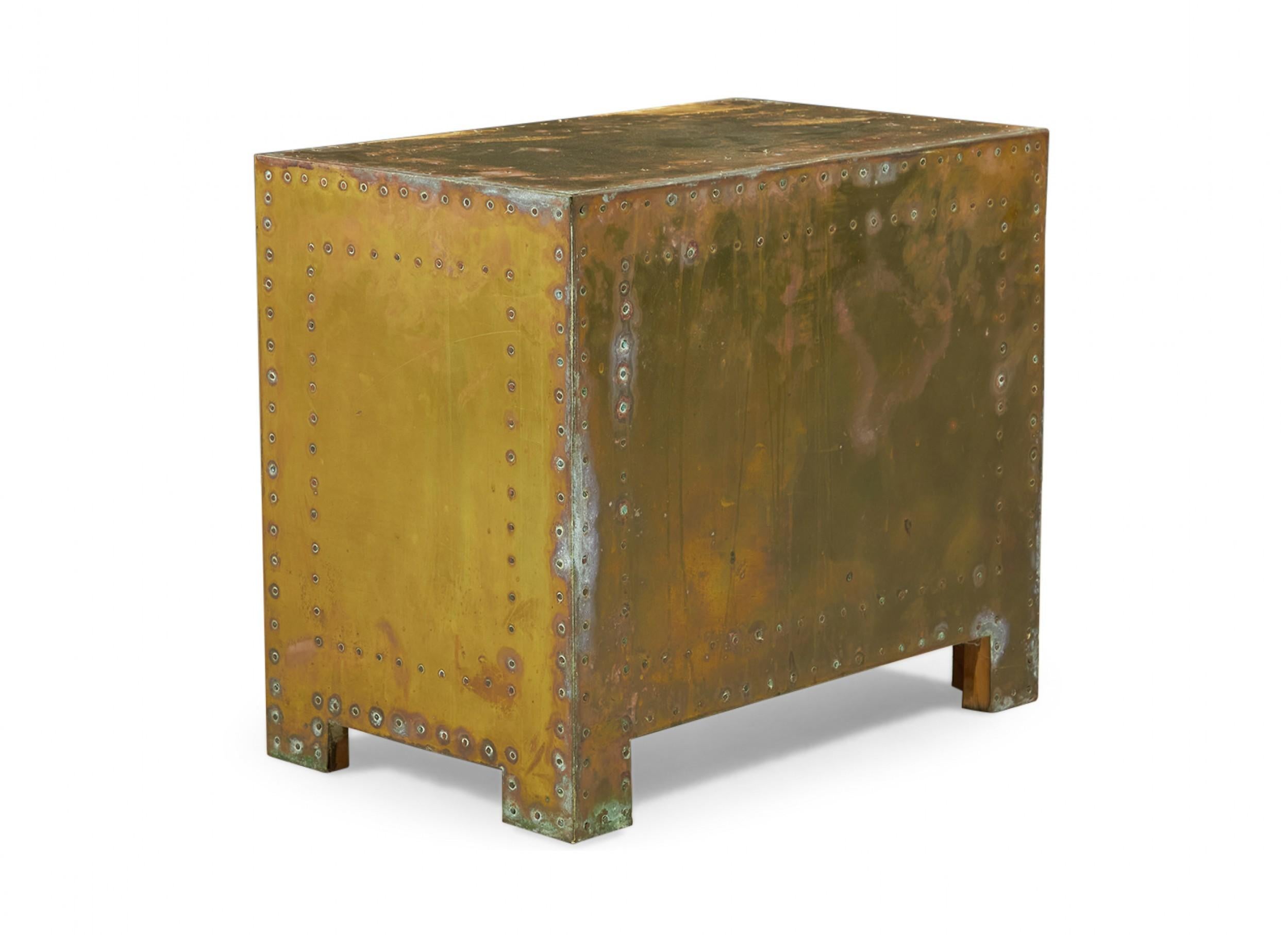 Hollywood Regency Sarreid, Ltd. Spanish High Style Brass Clad Strongbox Commode / Bedside Table For Sale