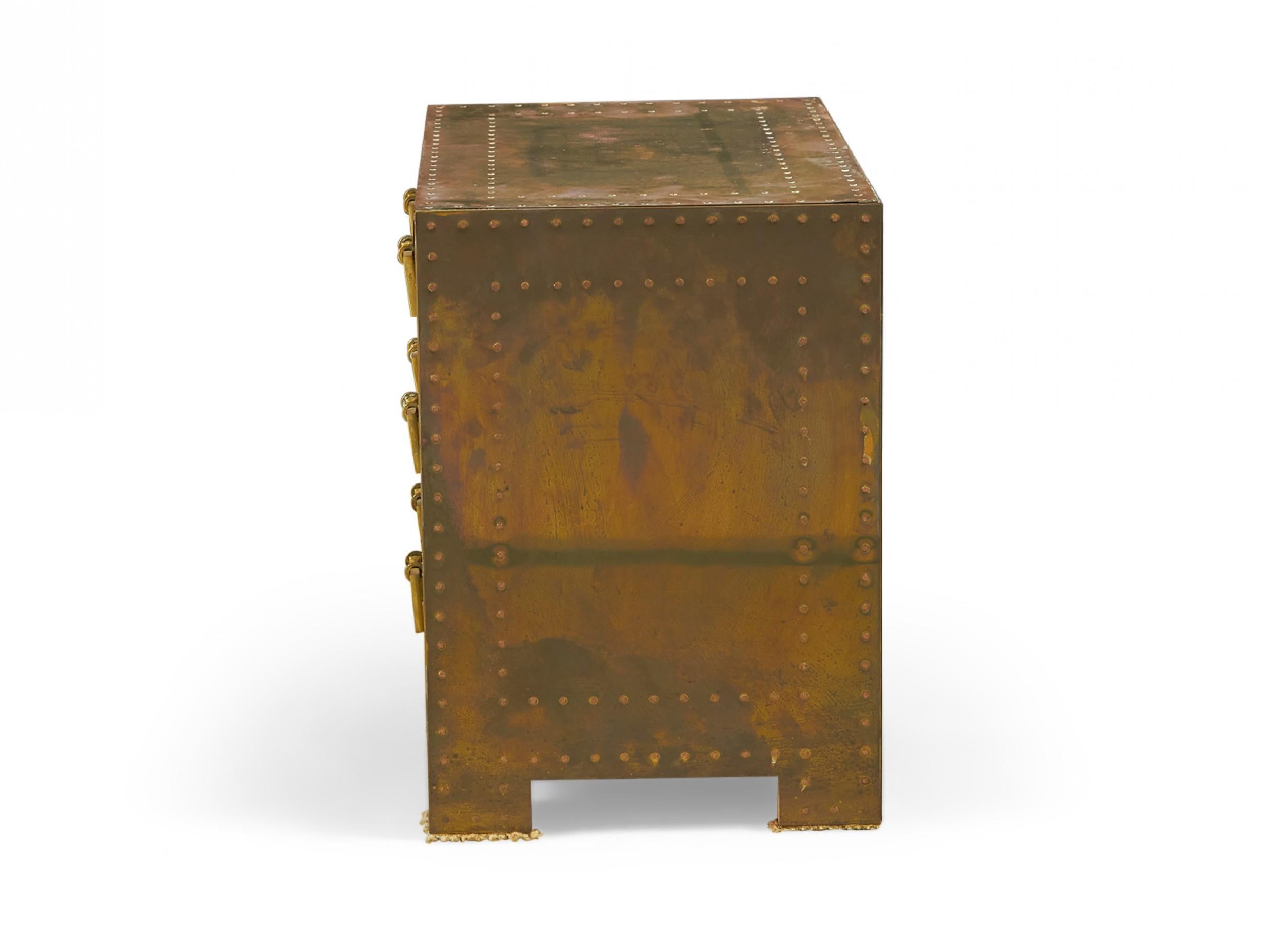 Hollywood Regency Sarreid, Ltd. Spanish High Style Brass Clad Strongbox Commode / Bedside Table For Sale