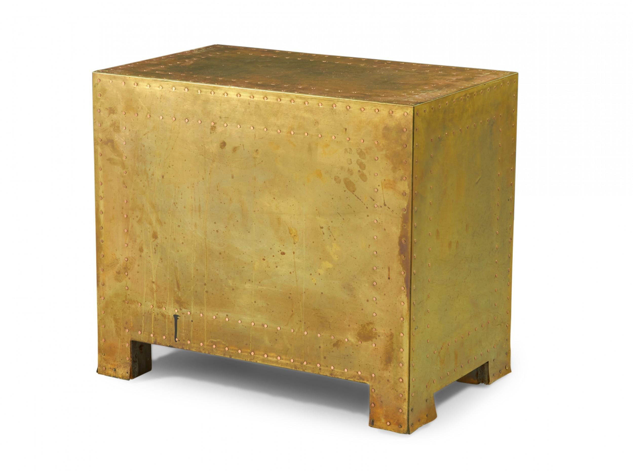 20th Century Sarreid, Ltd. Spanish High Style Brass Clad Strongbox Commode / Bedside Table For Sale