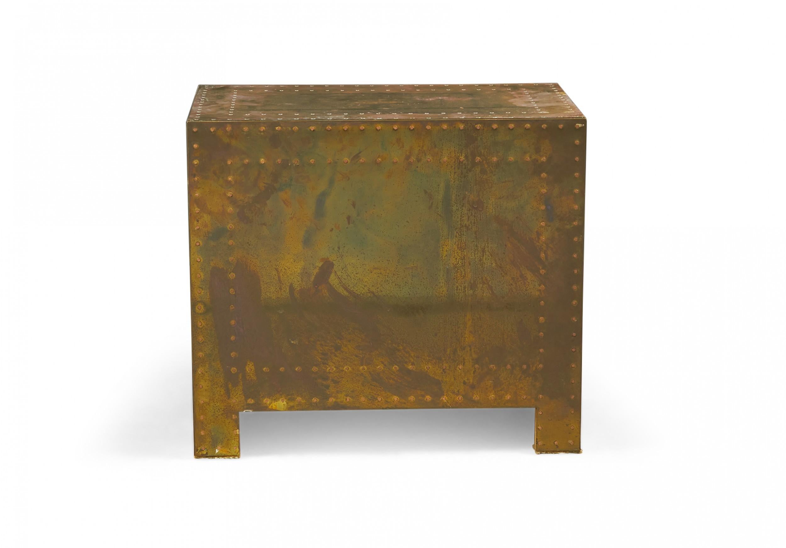 20th Century Sarreid, Ltd. Spanish High Style Brass Clad Strongbox Commode / Bedside Table For Sale
