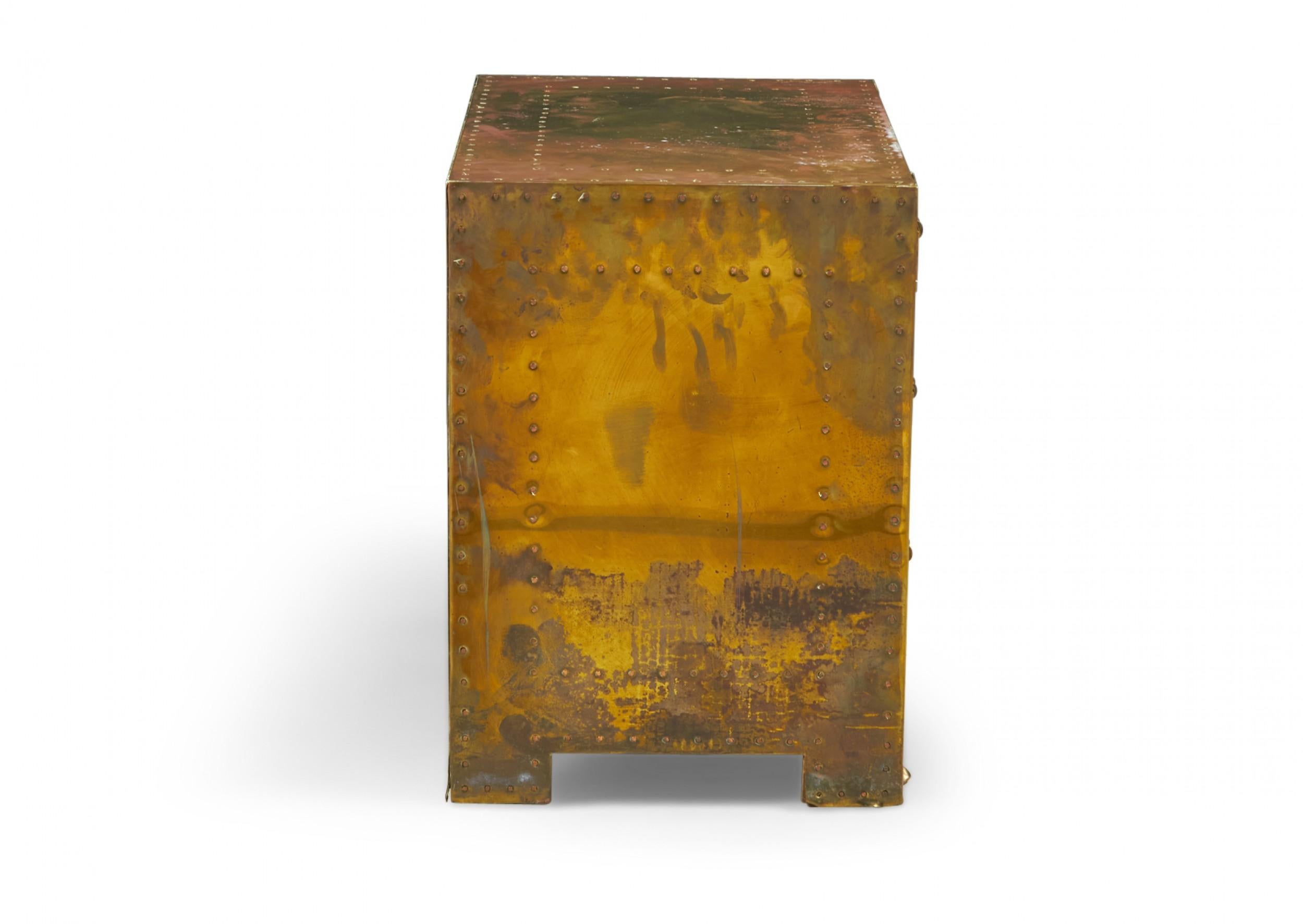 Sarreid, Ltd, Spanish High Style Brass Clad Strongbox Commode / Bedside Table In Good Condition For Sale In New York, NY