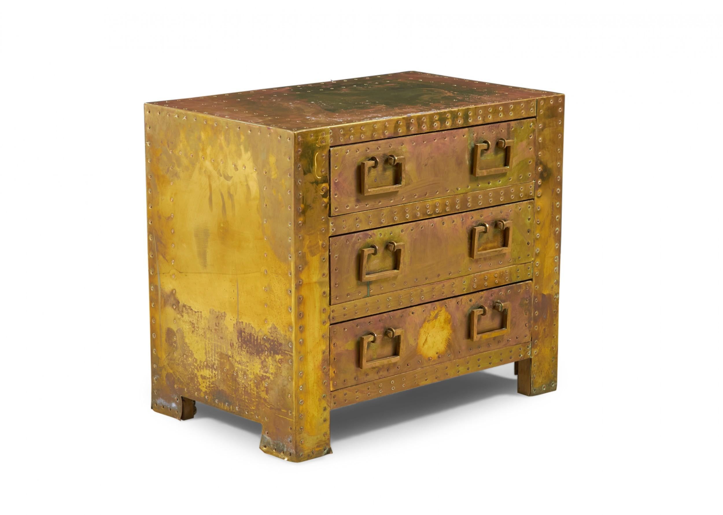 20th Century Sarreid, Ltd, Spanish High Style Brass Clad Strongbox Commode / Bedside Table For Sale