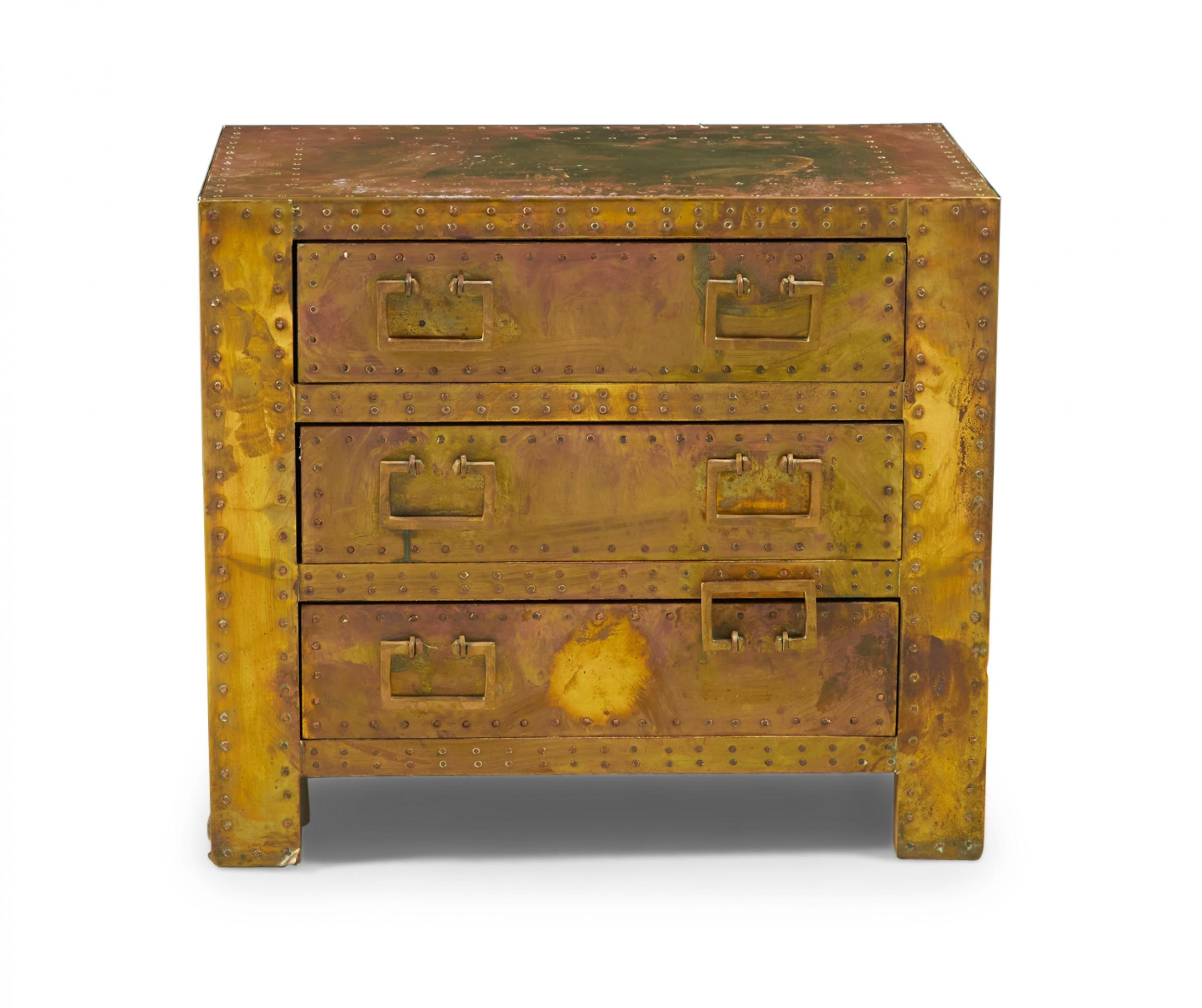 Metal Sarreid, Ltd, Spanish High Style Brass Clad Strongbox Commode / Bedside Table For Sale
