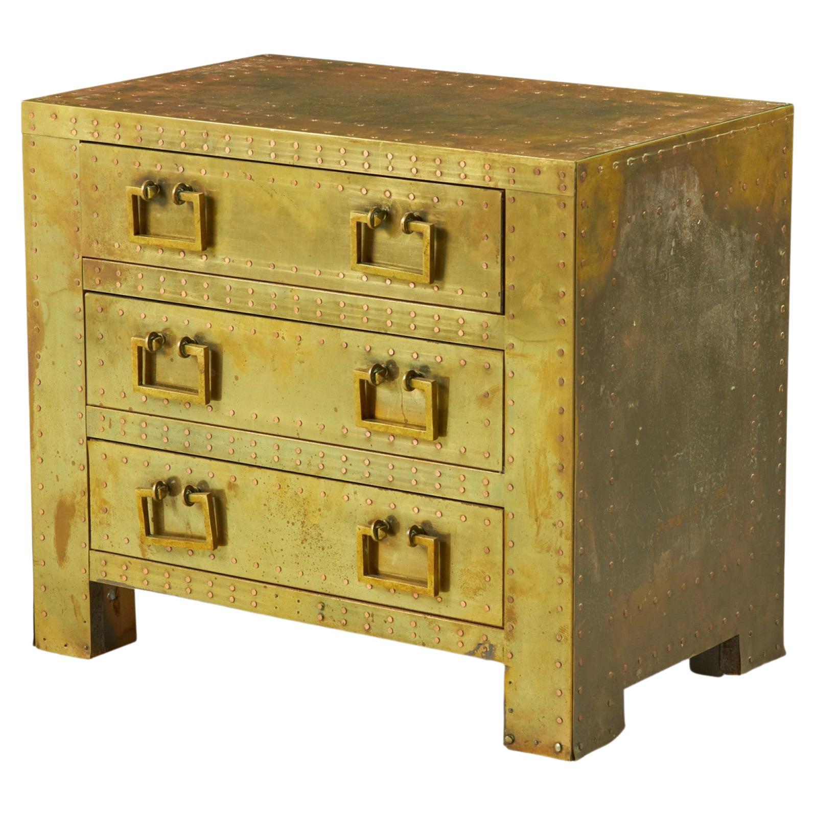 Sarreid, Ltd. Spanish High Style Brass Clad Strongbox Commode / Bedside Table For Sale