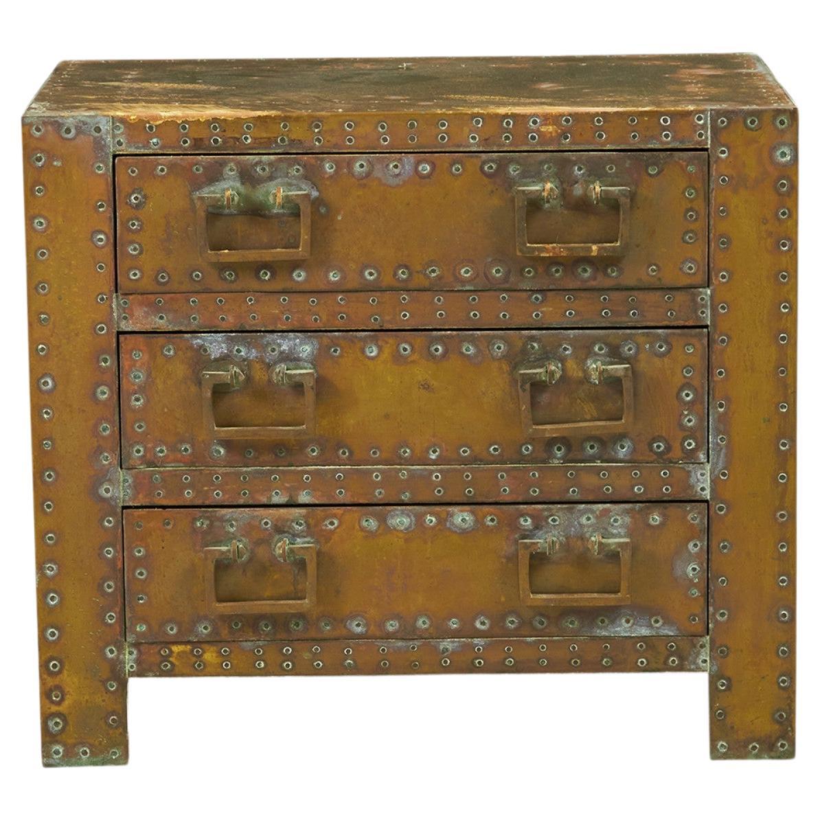 Sarreid, Ltd. Spanish High Style Brass Clad Strongbox Commode / Bedside Table For Sale