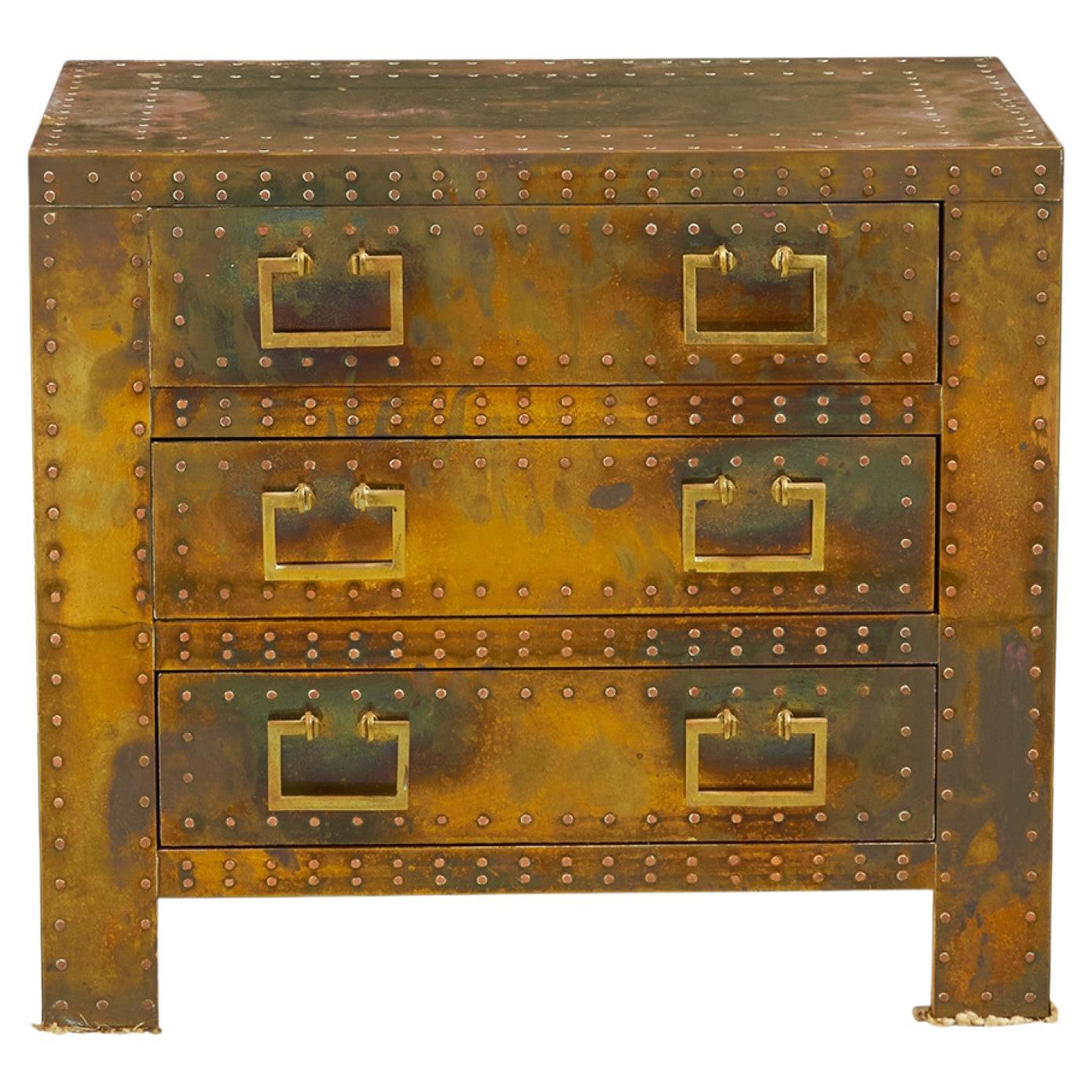 Sarreid, Ltd. Spanish High Style Brass Clad Strongbox Commode / Bedside Table