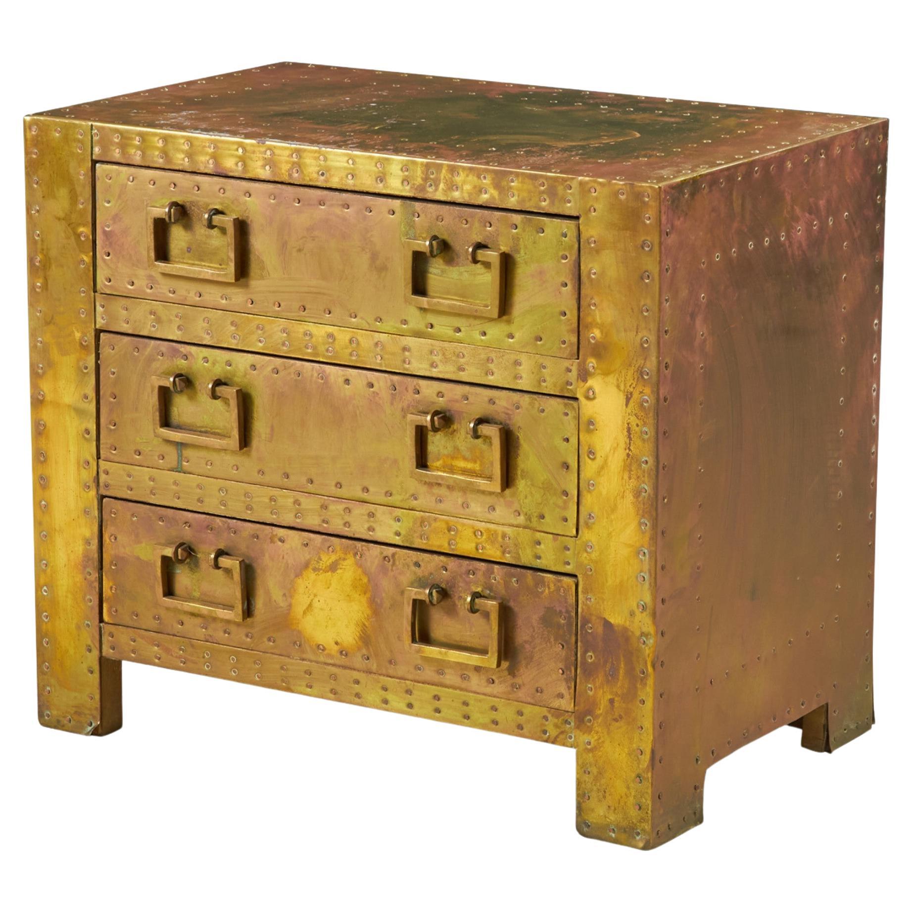 Sarreid, Ltd, Spanish High Style Brass Clad Strongbox Commode / Bedside Table