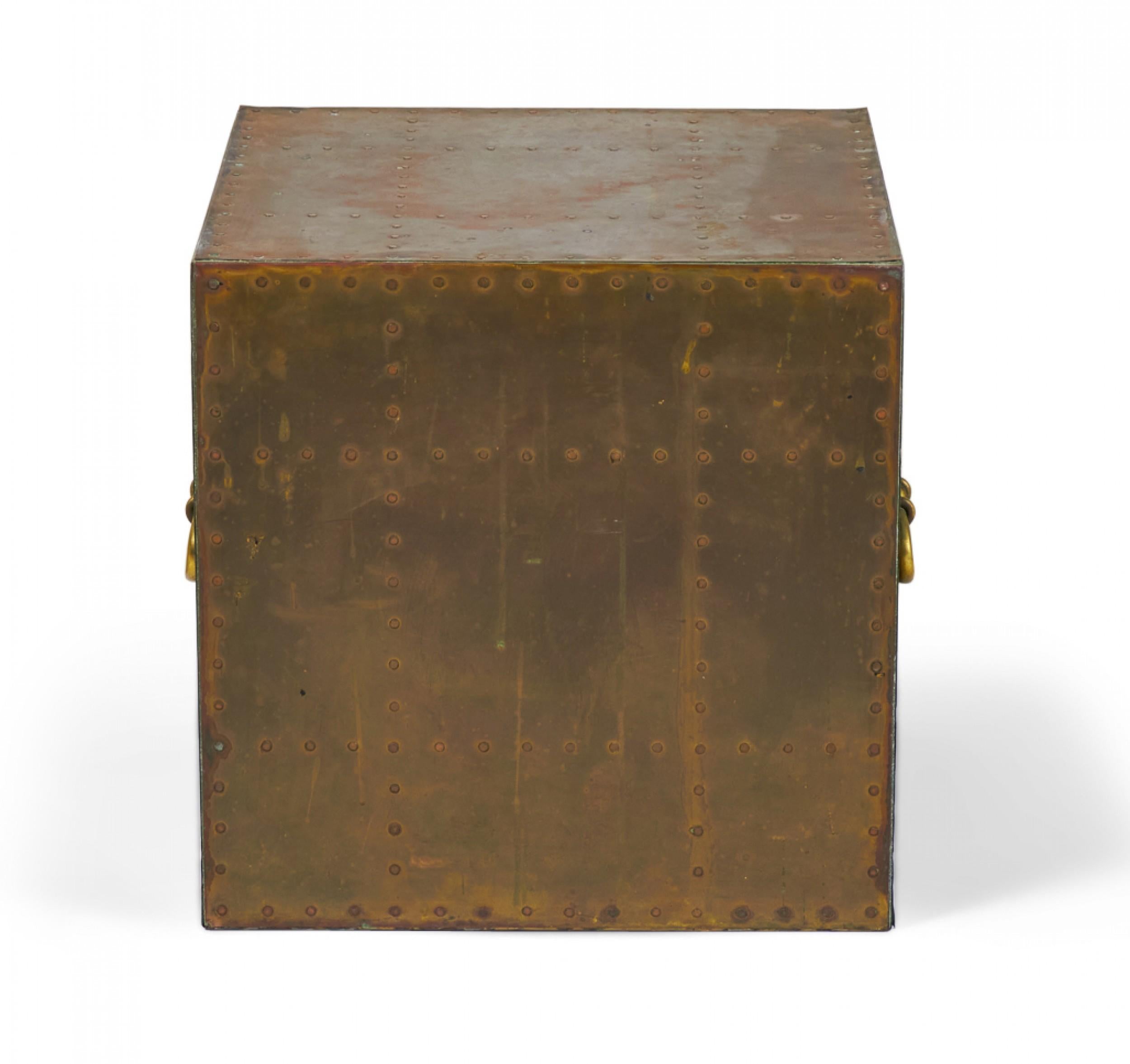 Spanish High Style brass cube occasional table with natural patina, copper studs, and two rounded brass handles. (SARREID, LTD)(Similar pieces available with different patinas: DUF0026B-F, similar commodes: DUF0025A-D)