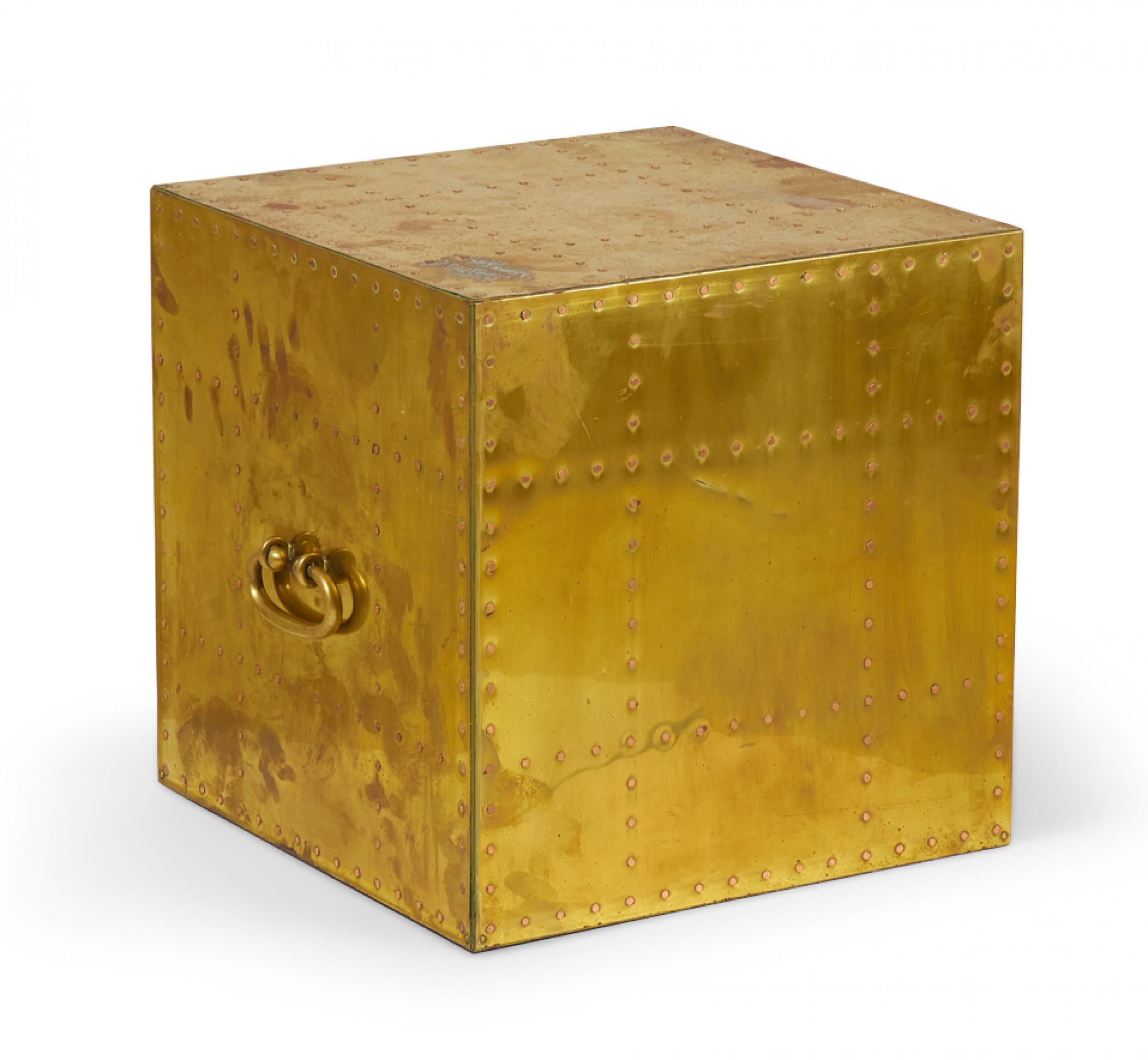 Spanish High Style brass cube occasional table with natural patina, copper studs, and two rounded brass handles. (SARREID, LTD)(Similar pieces available with different patinas: DUF0026A-F, similar commodes: DUF0025A-D)