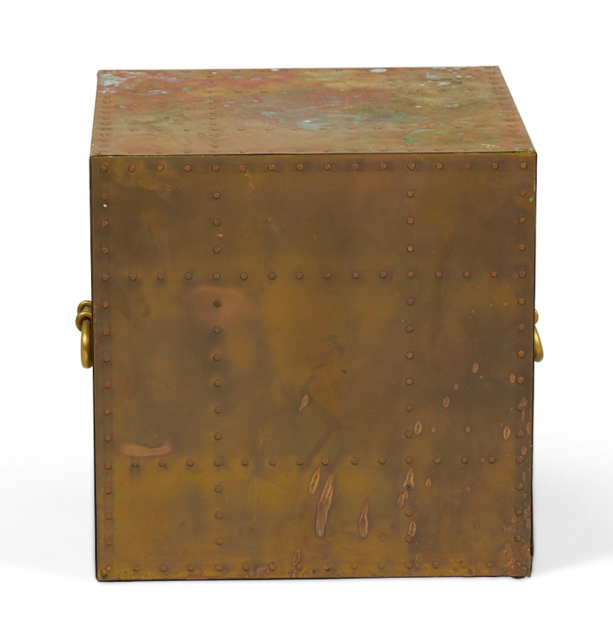 Metal Sarreid, Ltd. Spanish High Style Brass Studded Cube Occasional Table For Sale