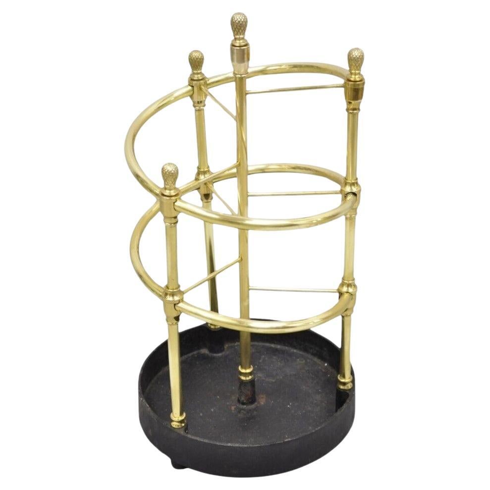 Sarreid LTD Victorian Style Polished Brass & Cast Iron Spiral Umbrella Stand For Sale
