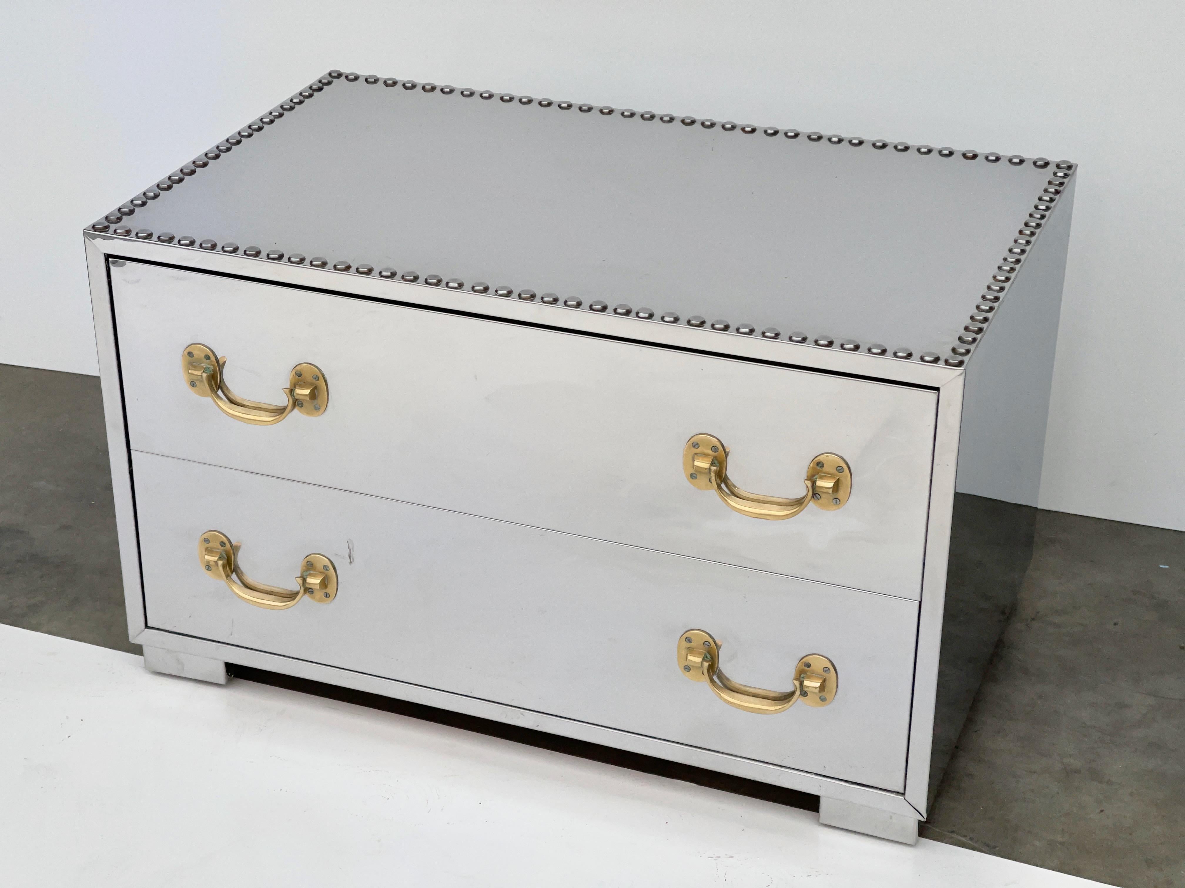 Campaign Sarreid Mirror Polished Stainless & Brass Two-Drawer Low Chest For Sale