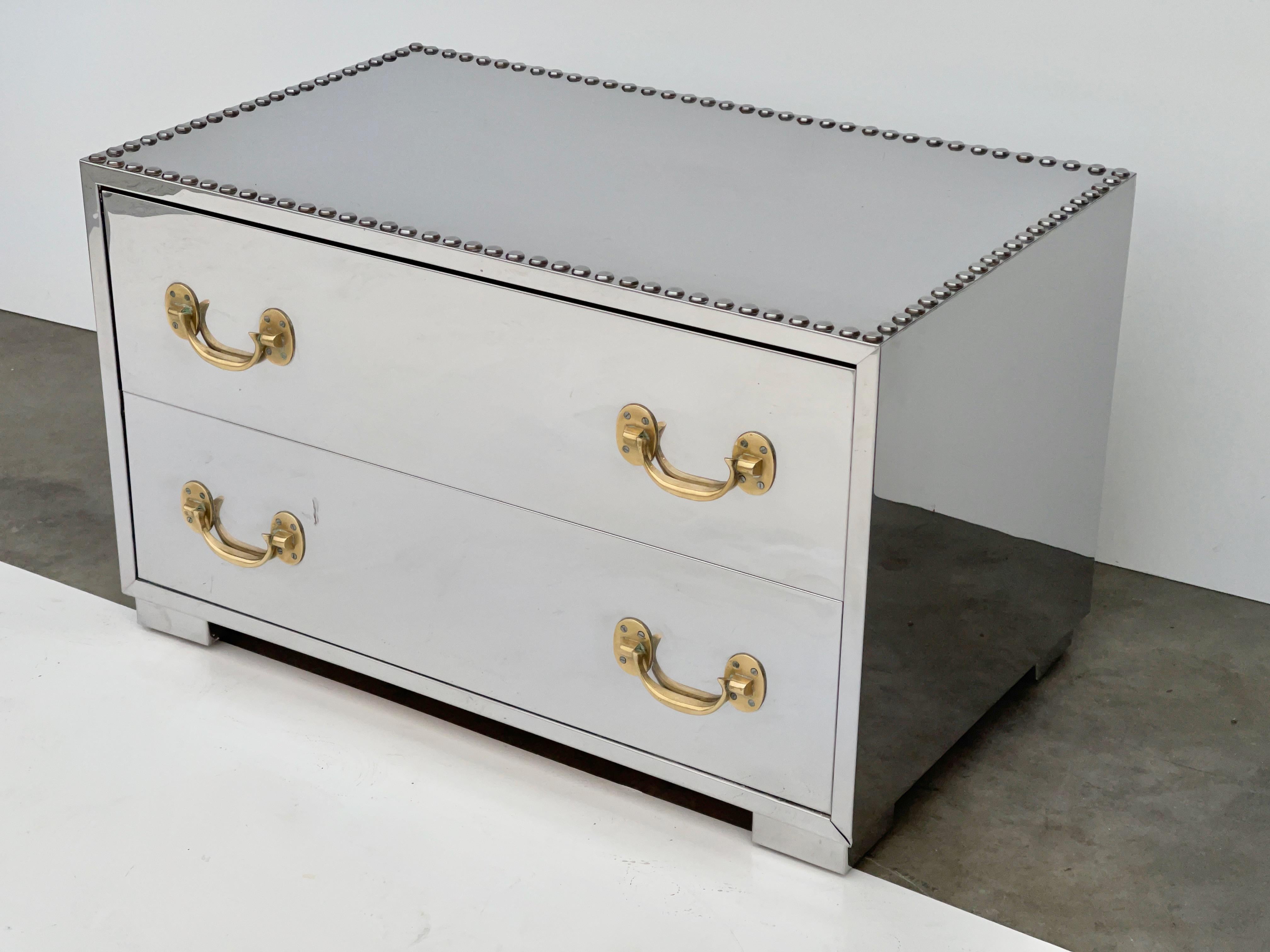 Spanish Sarreid Mirror Polished Stainless & Brass Two-Drawer Low Chest For Sale