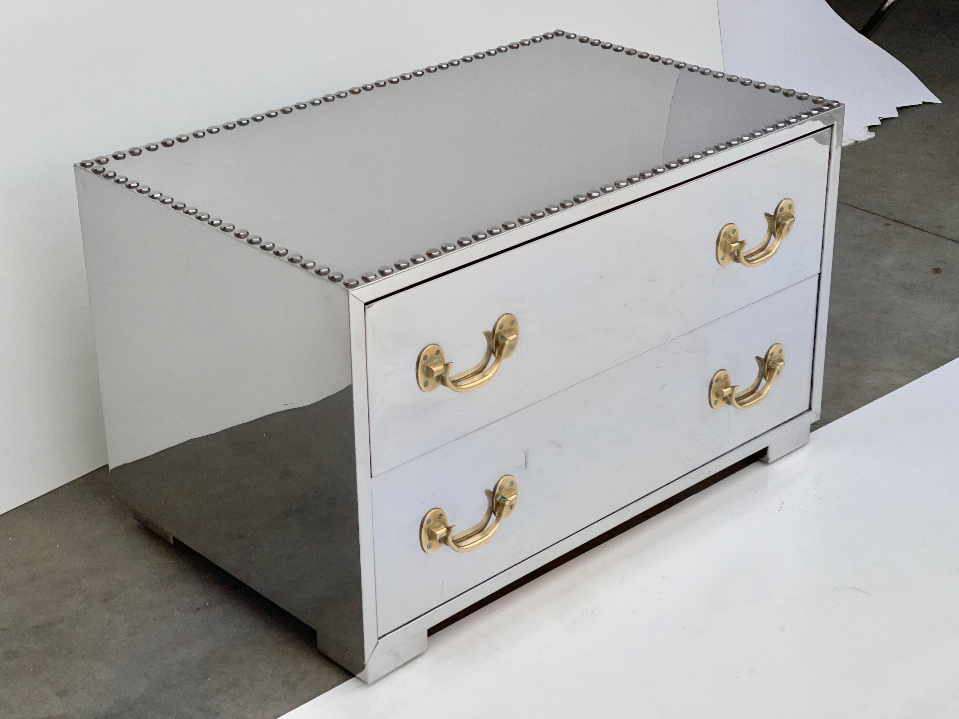 Sarreid Mirror Polished Stainless & Brass Two-Drawer Low Chest In Good Condition For Sale In Hanover, MA