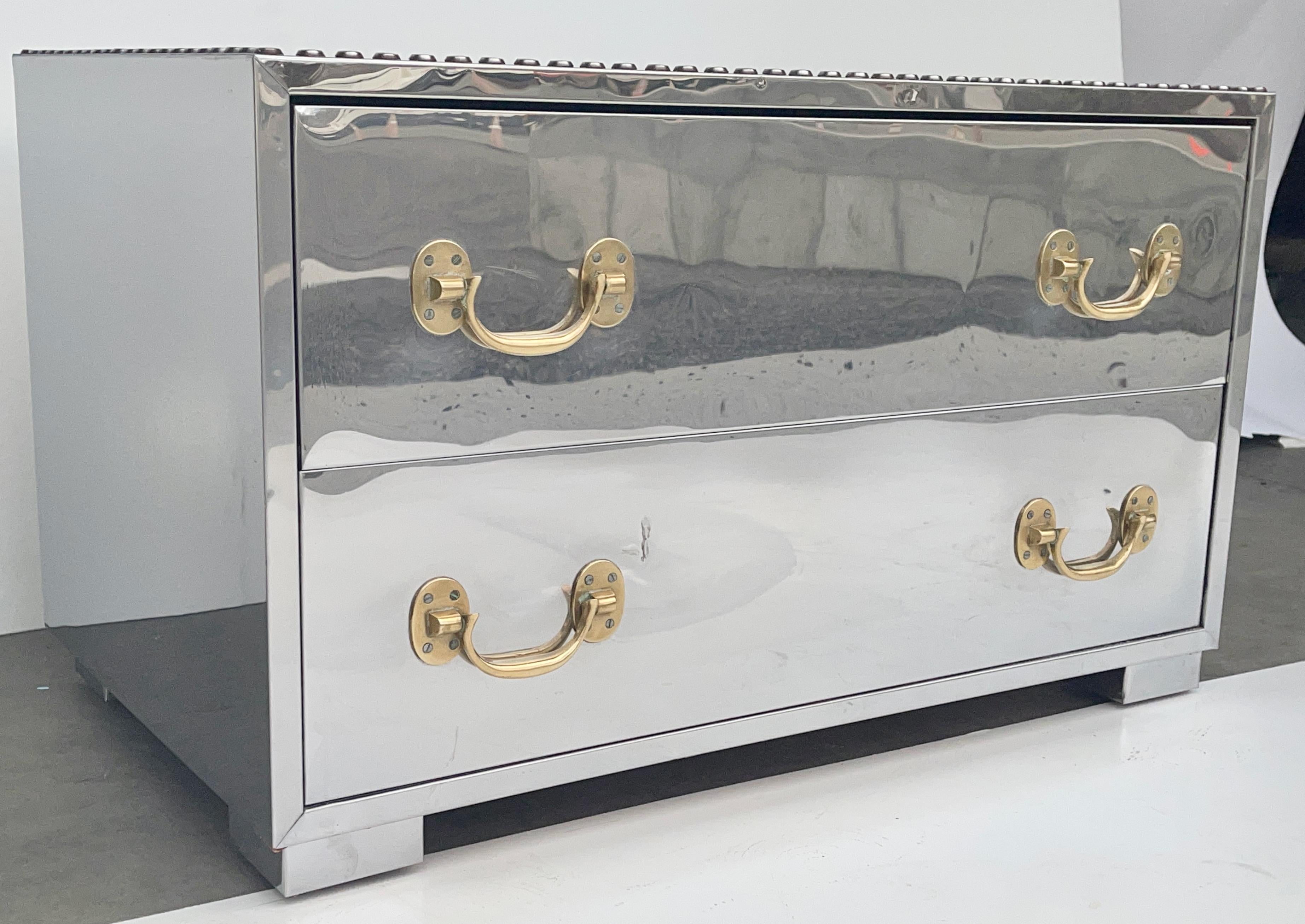 Mid-20th Century Sarreid Mirror Polished Stainless & Brass Two-Drawer Low Chest For Sale