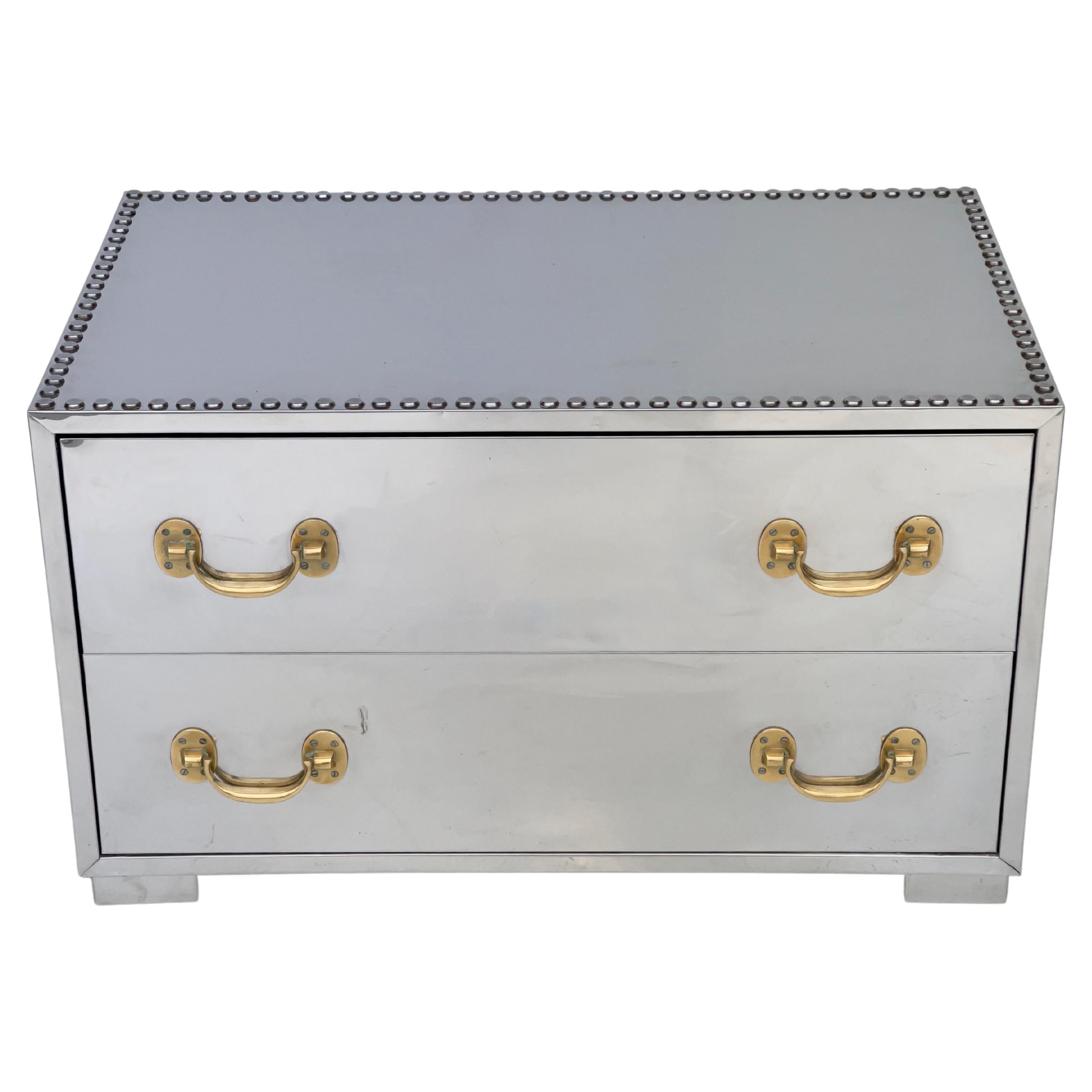 Sarreid Mirror Polished Stainless & Brass Two-Drawer Low Chest For Sale