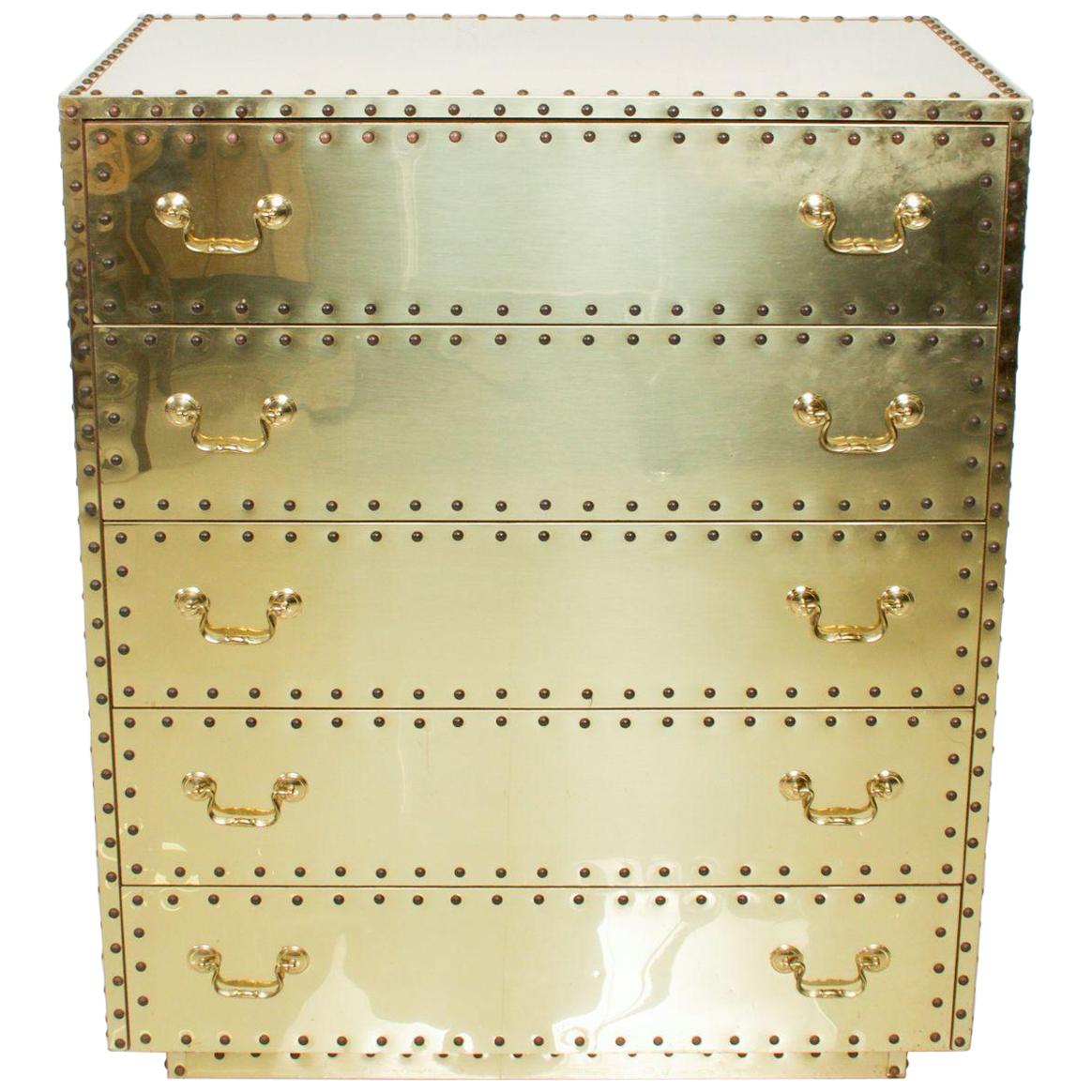 Sarreid of Spain 1970s Brass Studded Highboy Chest Dresser Vintage Hollywood