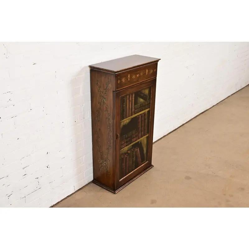 20th Century Sarreid Sheraton Hand Painted Trompe l'Oeil Bookcase Cabinet For Sale