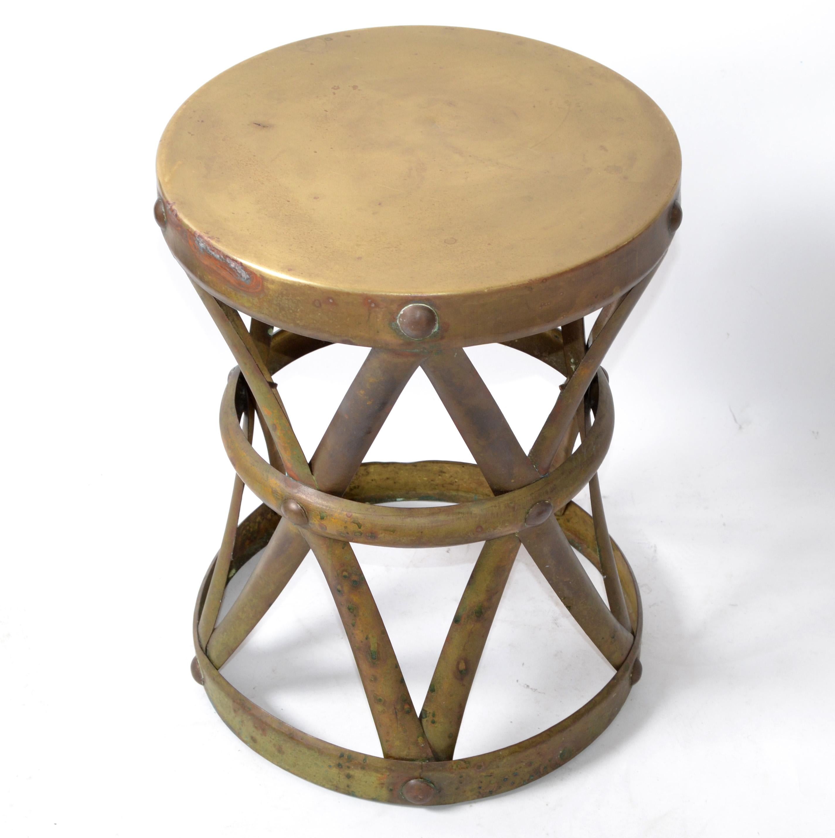 Sarreid Spanish Colonial Handmade Brass Drum Table, Stool Mid-Century Modern For Sale 5