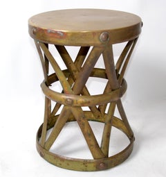 Sarreid Spanish Colonial Handmade Brass Drum Table, Stool Mid-Century Modern