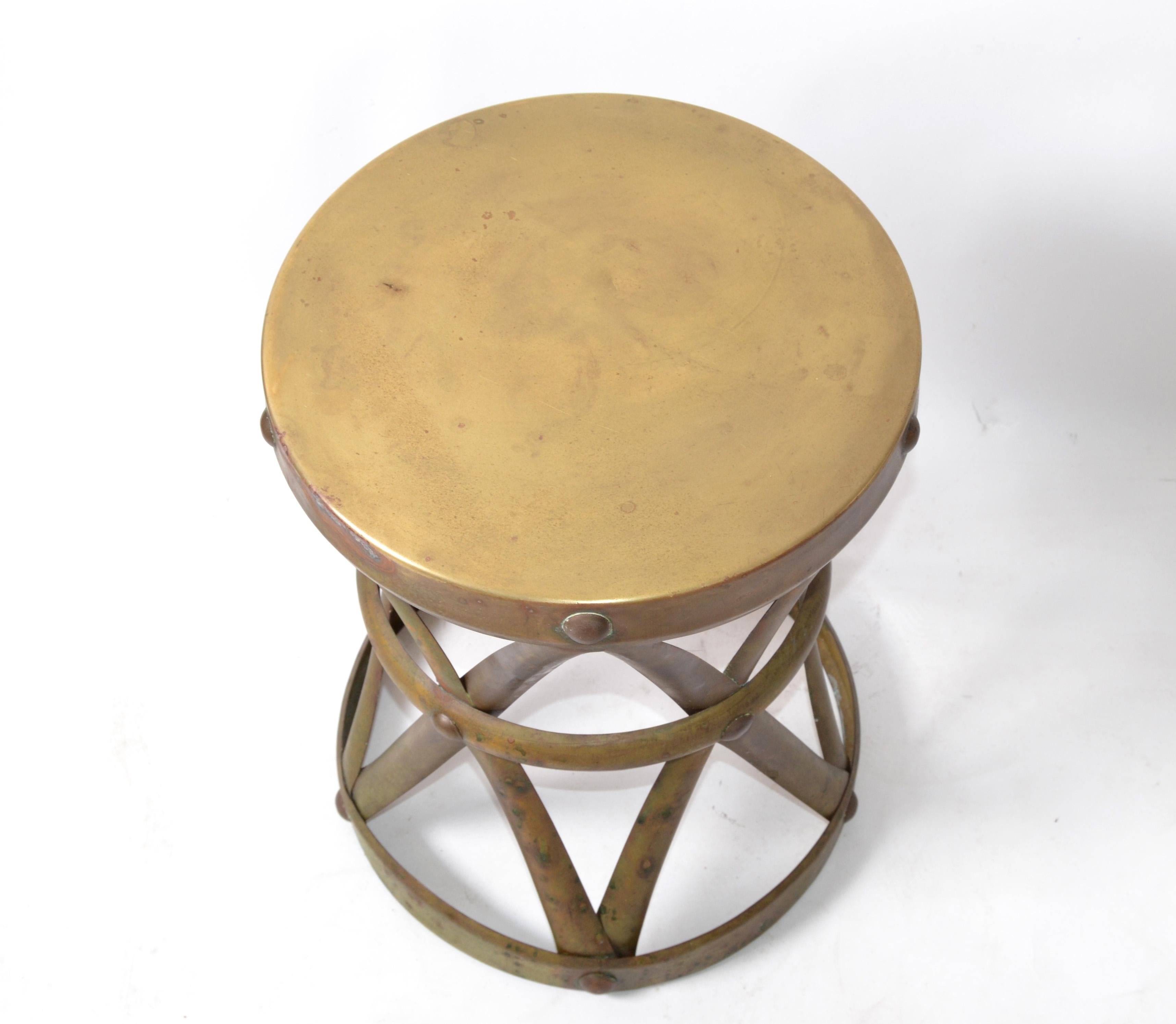 Hand-Crafted Sarreid Spanish Colonial Handmade Brass Drum Table, Stool Mid-Century Modern For Sale
