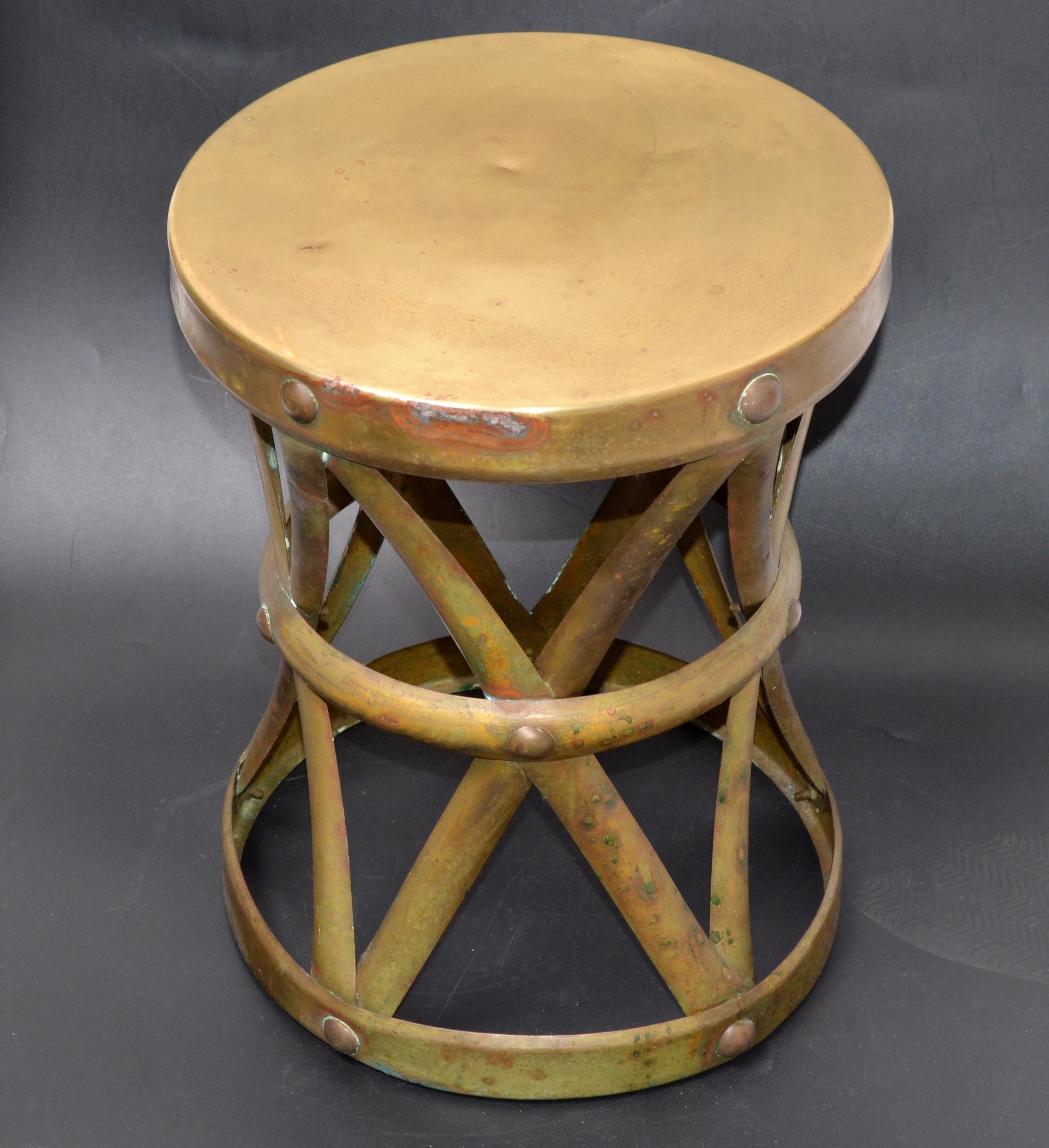 Mid-20th Century Sarreid Spanish Colonial Handmade Brass Drum Table, Stool Mid-Century Modern For Sale