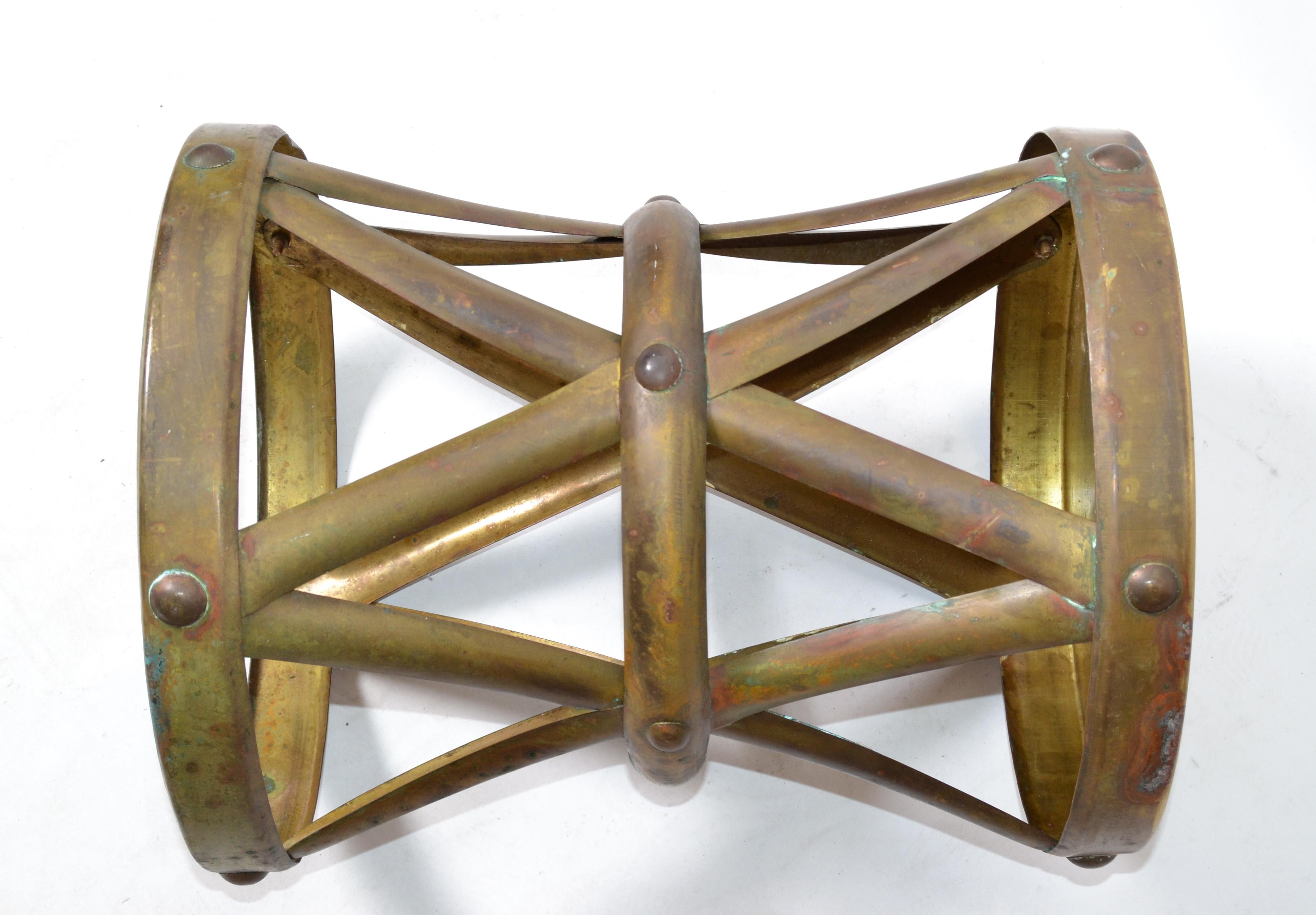 Sarreid Spanish Colonial Handmade Brass Drum Table, Stool Mid-Century Modern For Sale 1