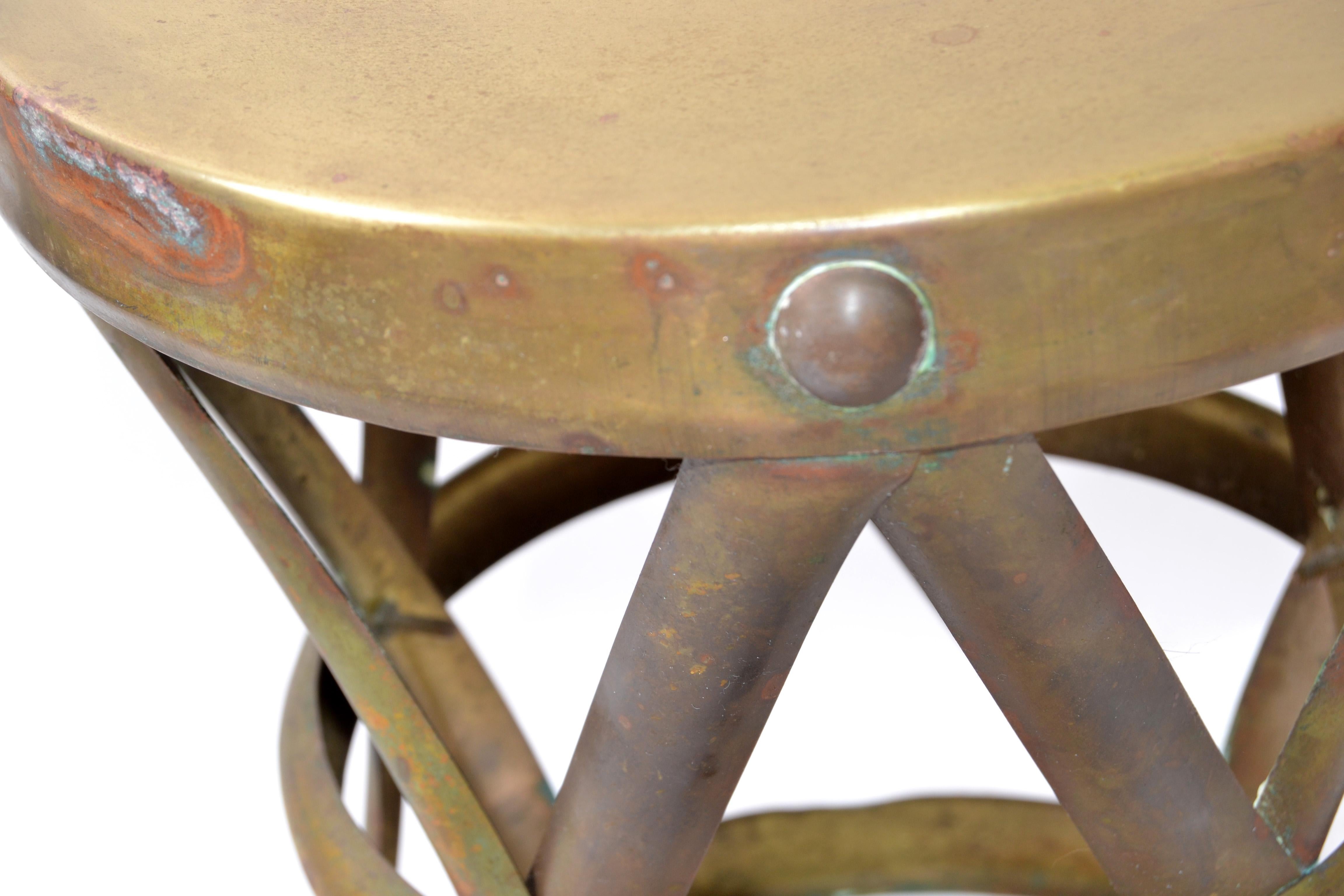Sarreid Spanish Colonial Handmade Brass Drum Table, Stool Mid-Century Modern For Sale 3
