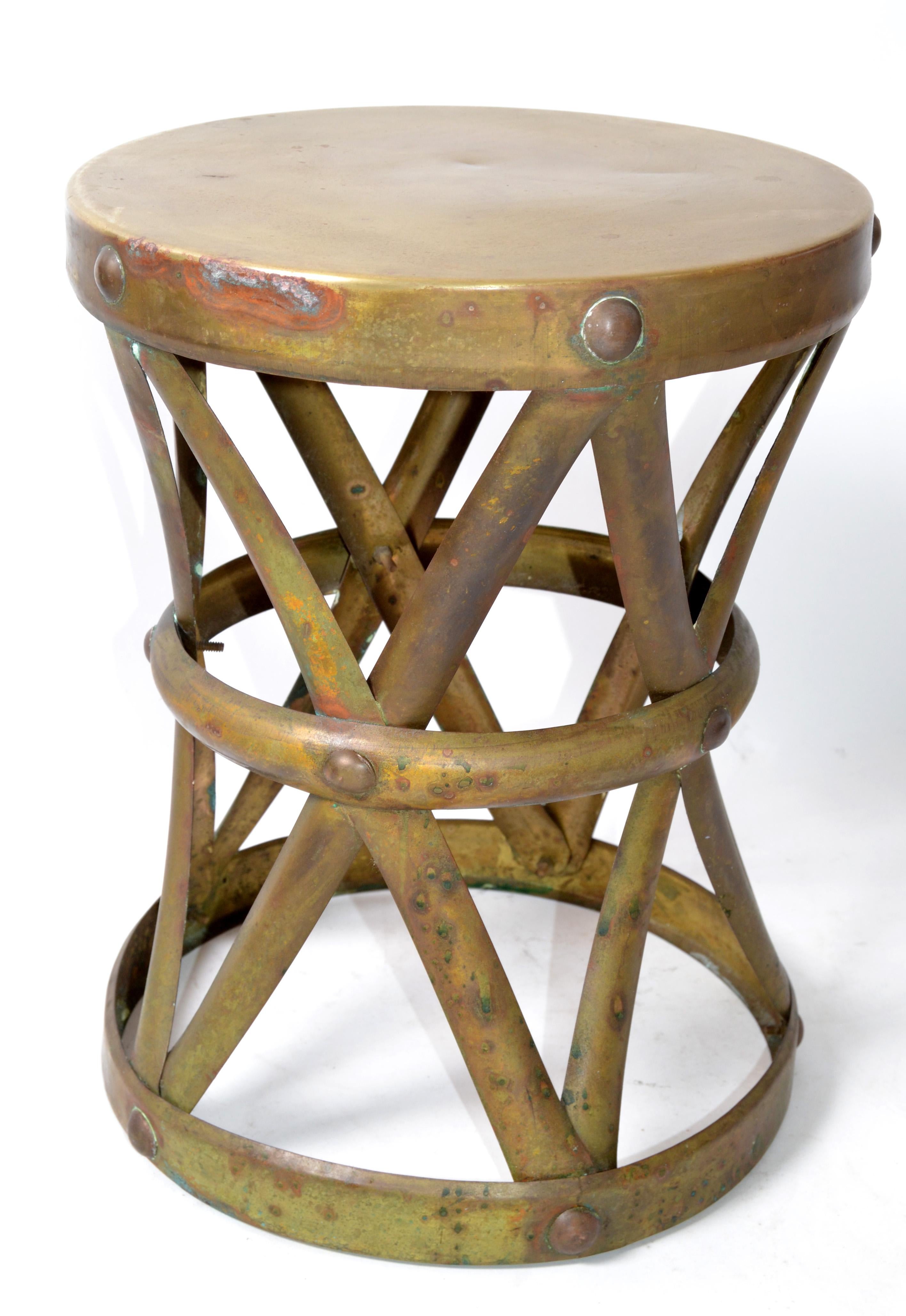 Sarreid Spanish Colonial Handmade Brass Drum Table, Stool Mid-Century Modern For Sale 4
