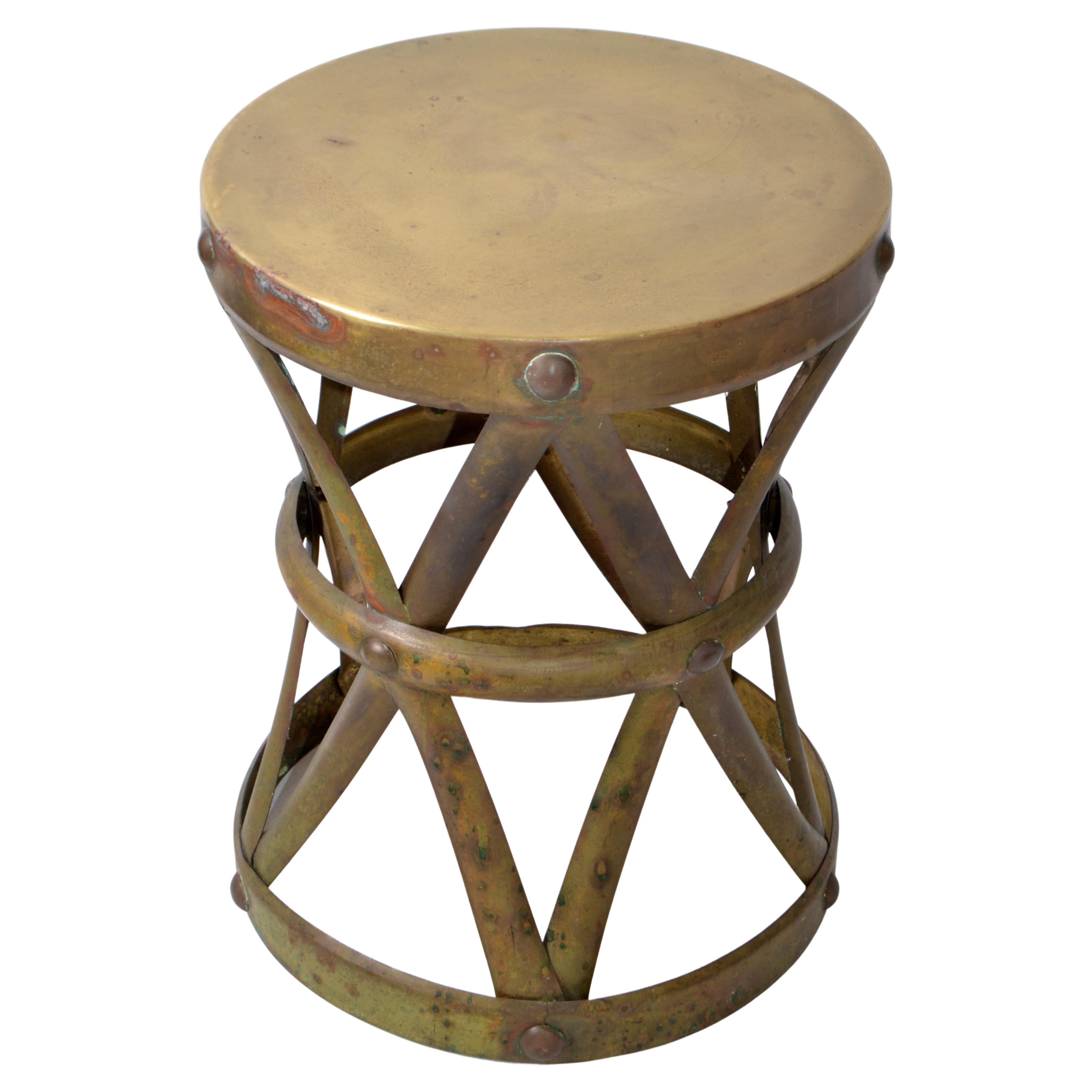 Sarreid Spanish Colonial Handmade Brass Drum Table, Stool Mid-Century Modern