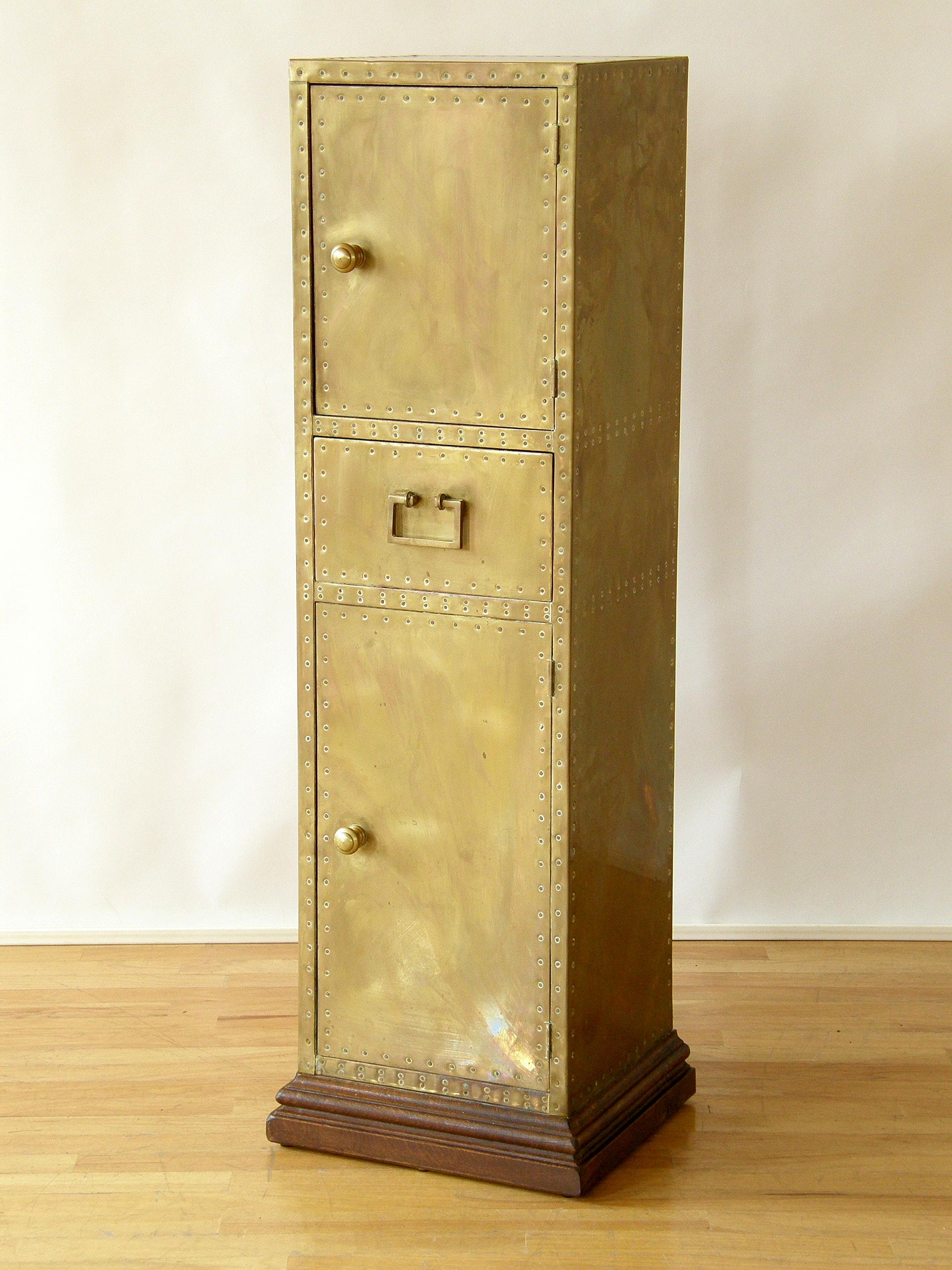 Sarreid Tall and Slender Brass Clad Cabinet with Decorative Nail Head Pattern 2