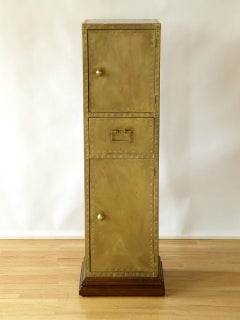 Sarreid Tall and Slender Brass Clad Cabinet with Decorative Nail Head Pattern
