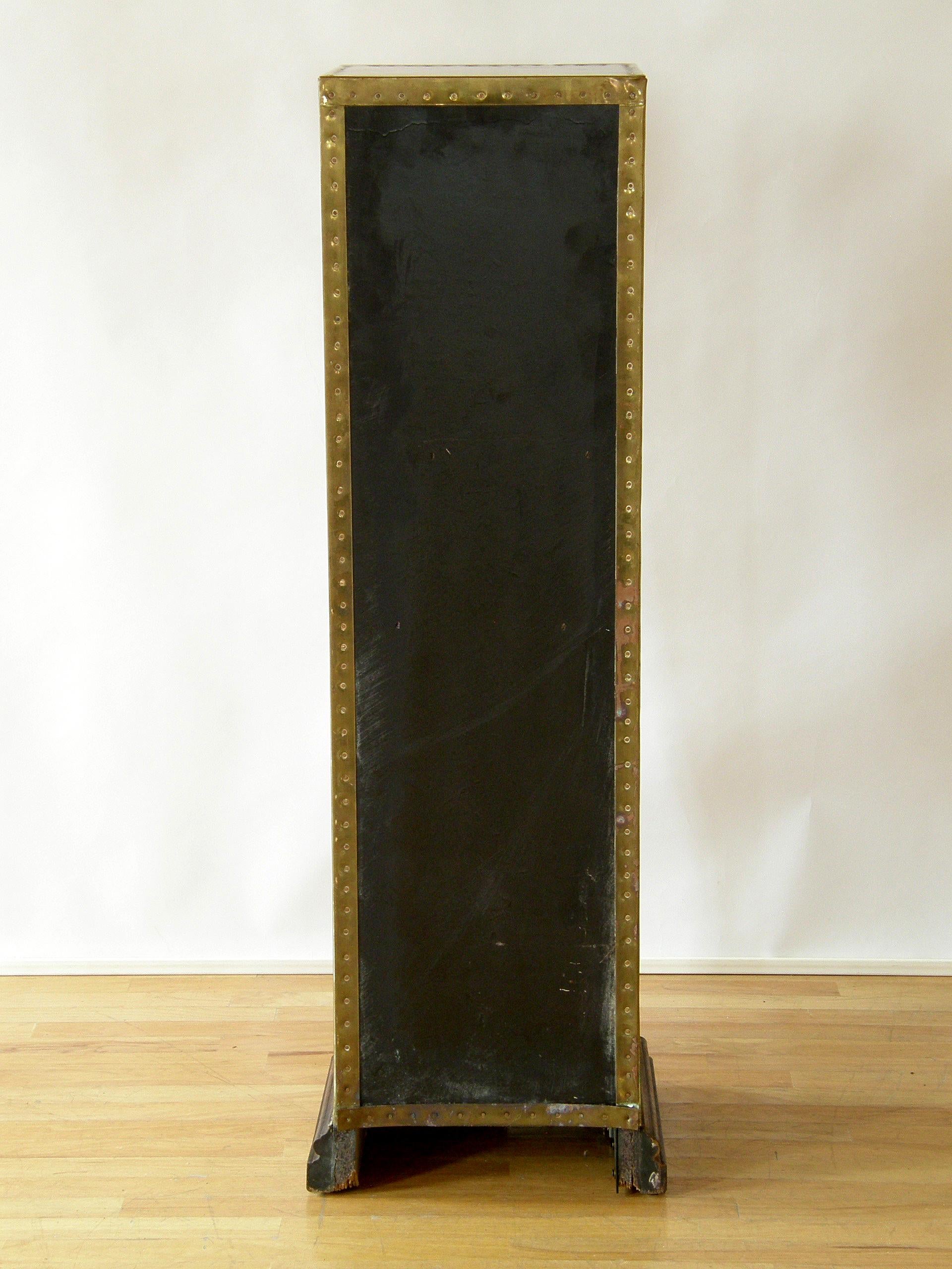 Unknown Sarreid Tall and Slender Brass Clad Cabinet with Decorative Nail Head Pattern