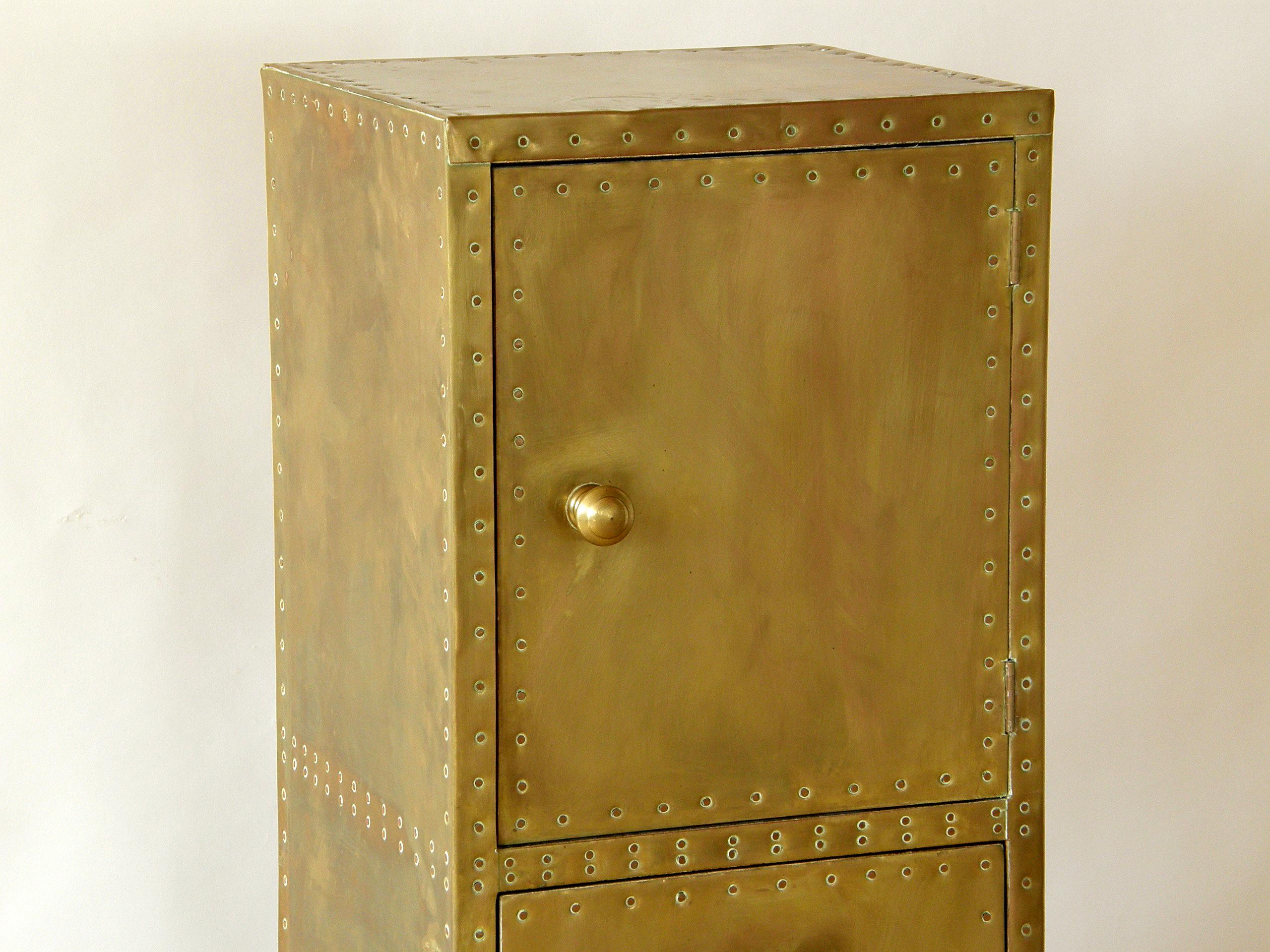 Sarreid Tall and Slender Brass Clad Cabinet with Decorative Nail Head Pattern In Good Condition In Chicago, IL