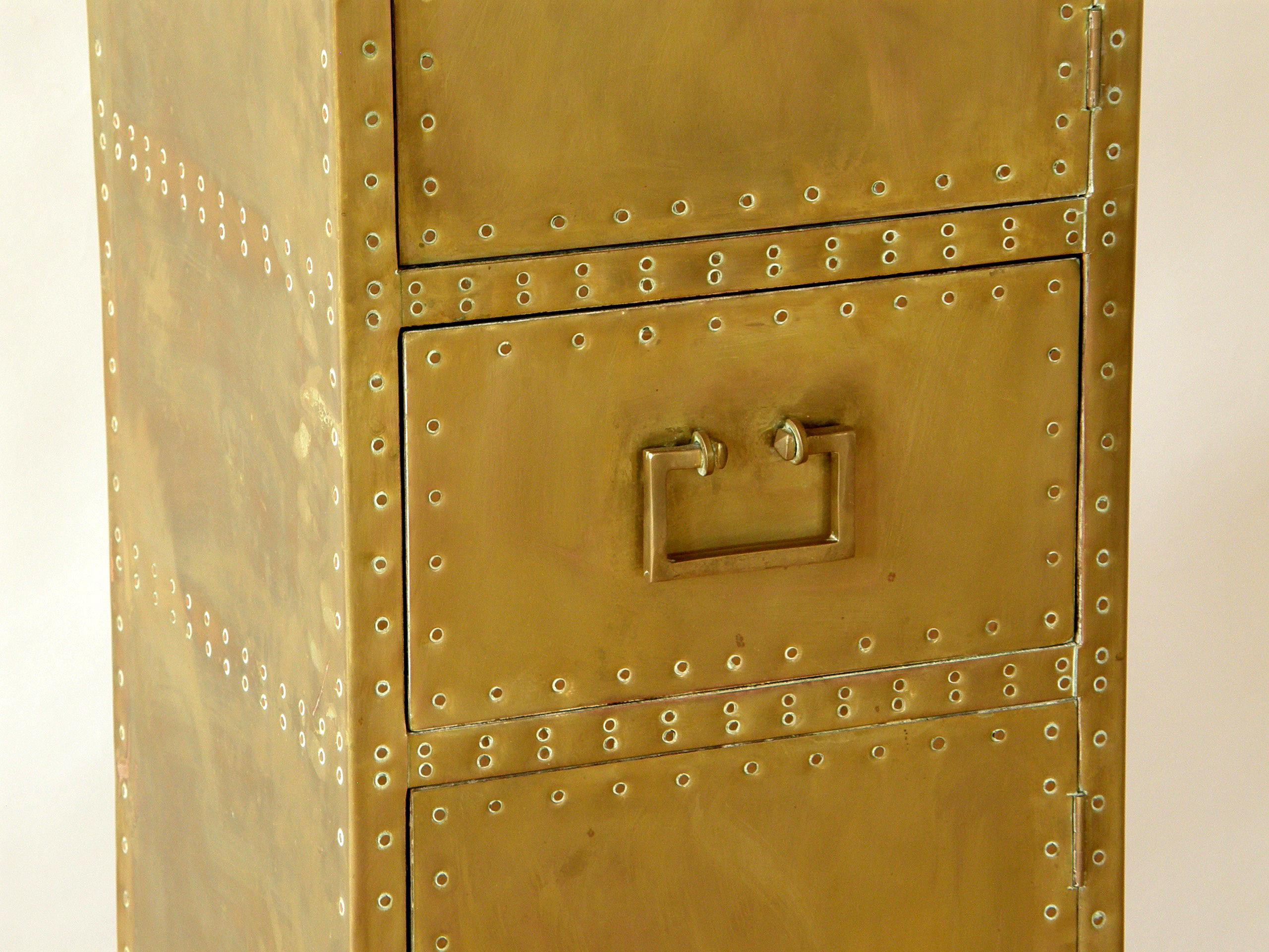 Late 20th Century Sarreid Tall and Slender Brass Clad Cabinet with Decorative Nail Head Pattern