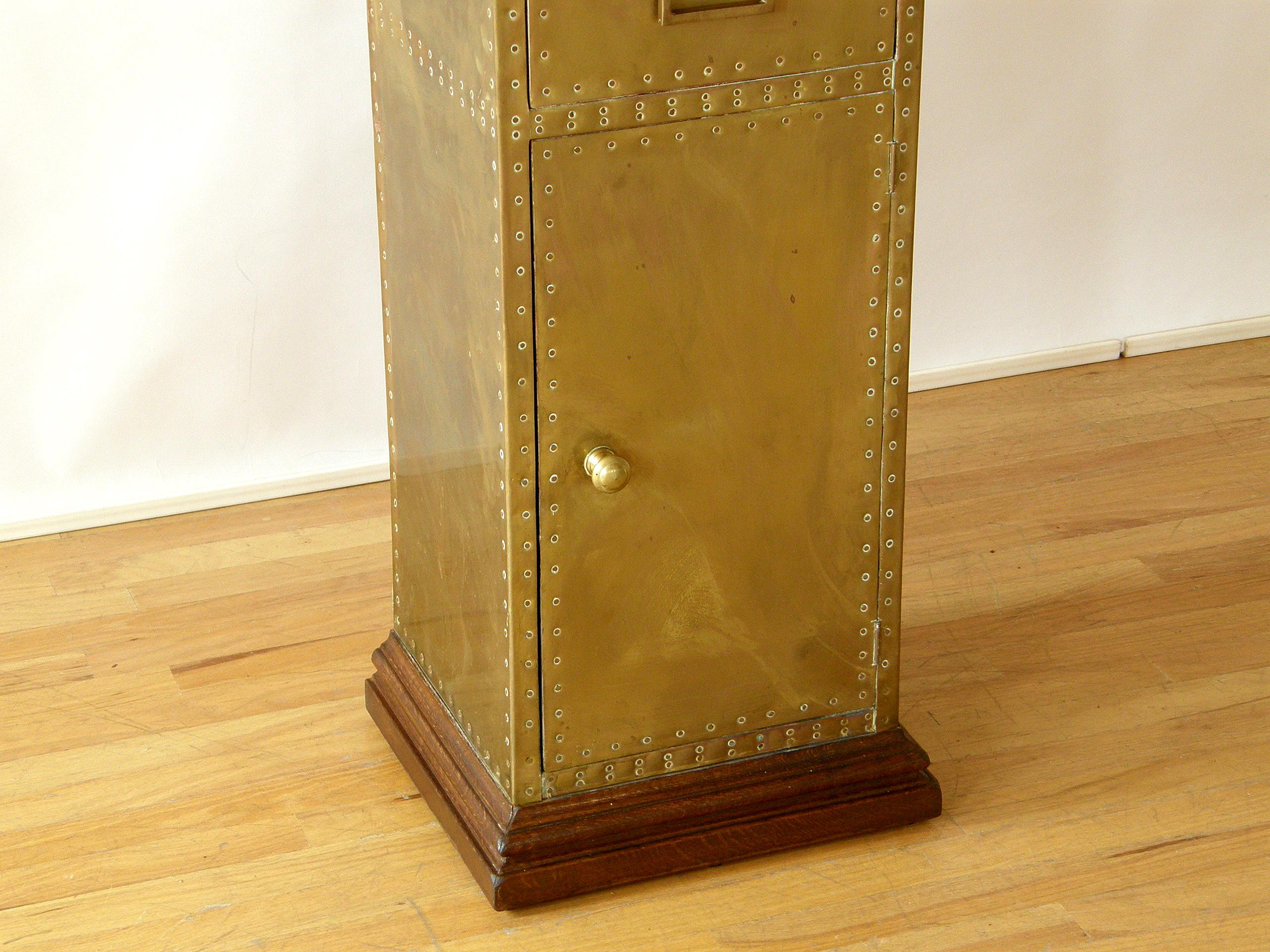 Wood Sarreid Tall and Slender Brass Clad Cabinet with Decorative Nail Head Pattern