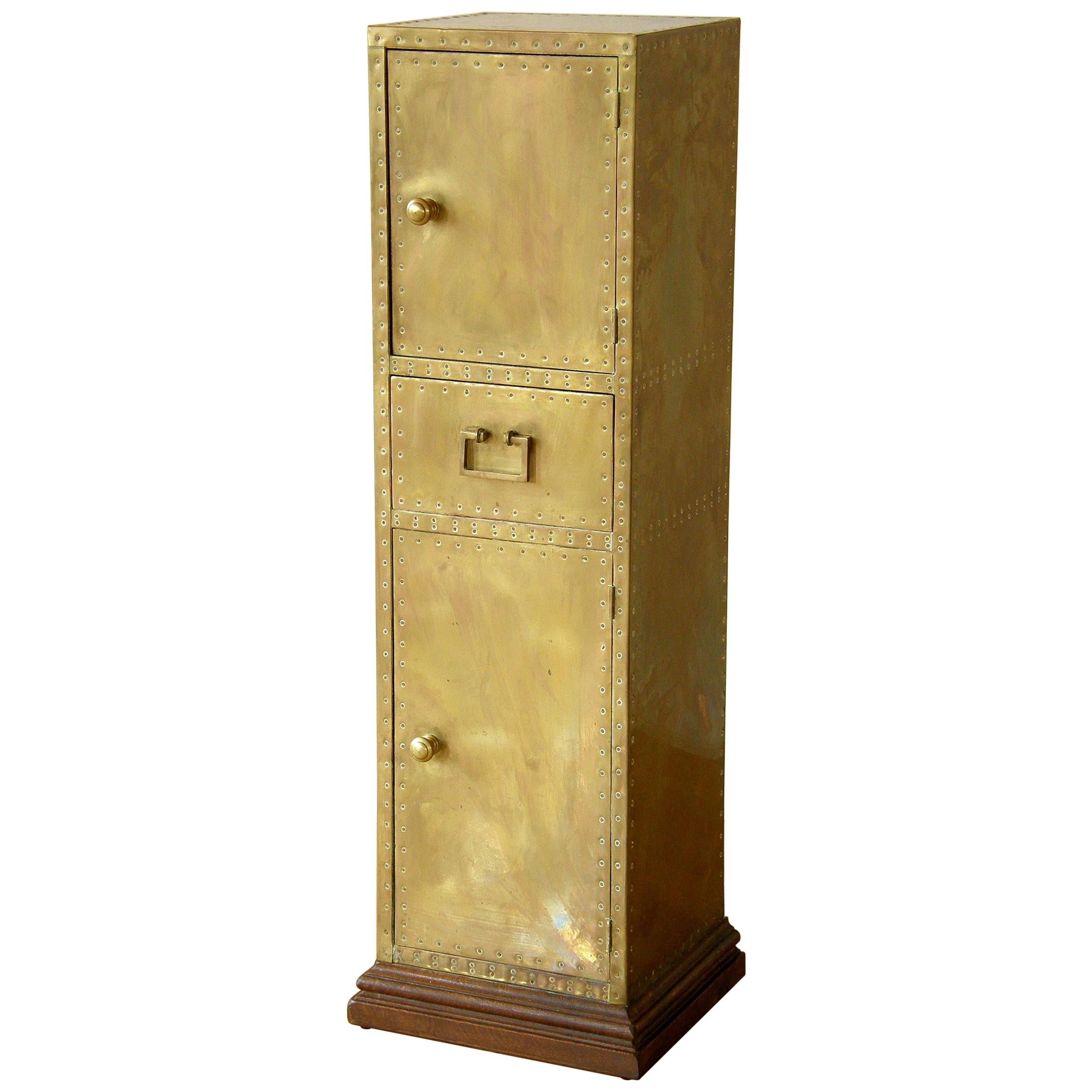 Sarreid Tall and Slender Brass Clad Cabinet with Decorative Nail Head Pattern
