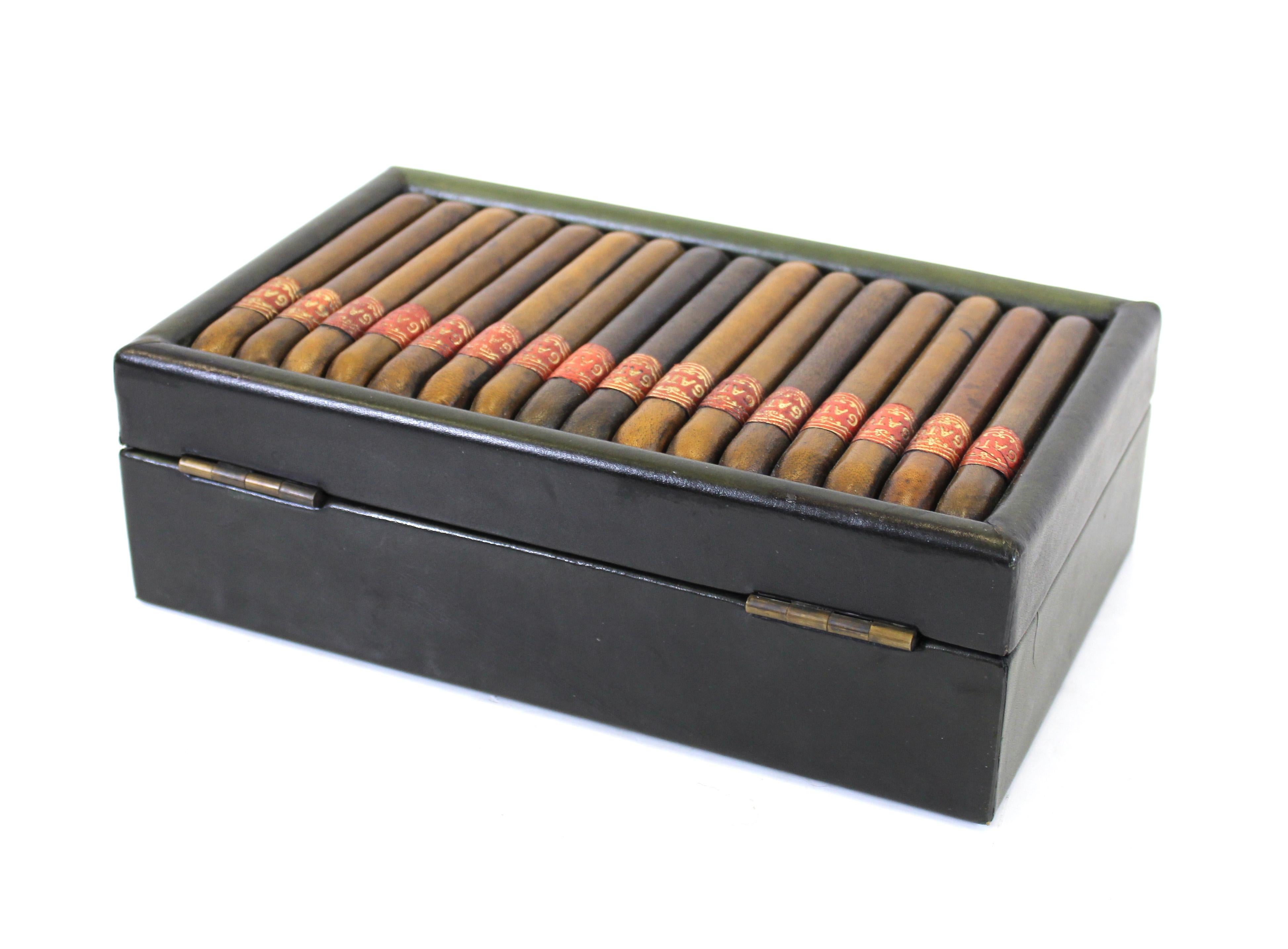 Sarreid Trompe-L'oeil Gilt Leather Box with Faux El Gato Cigars In Good Condition In Astoria, NY