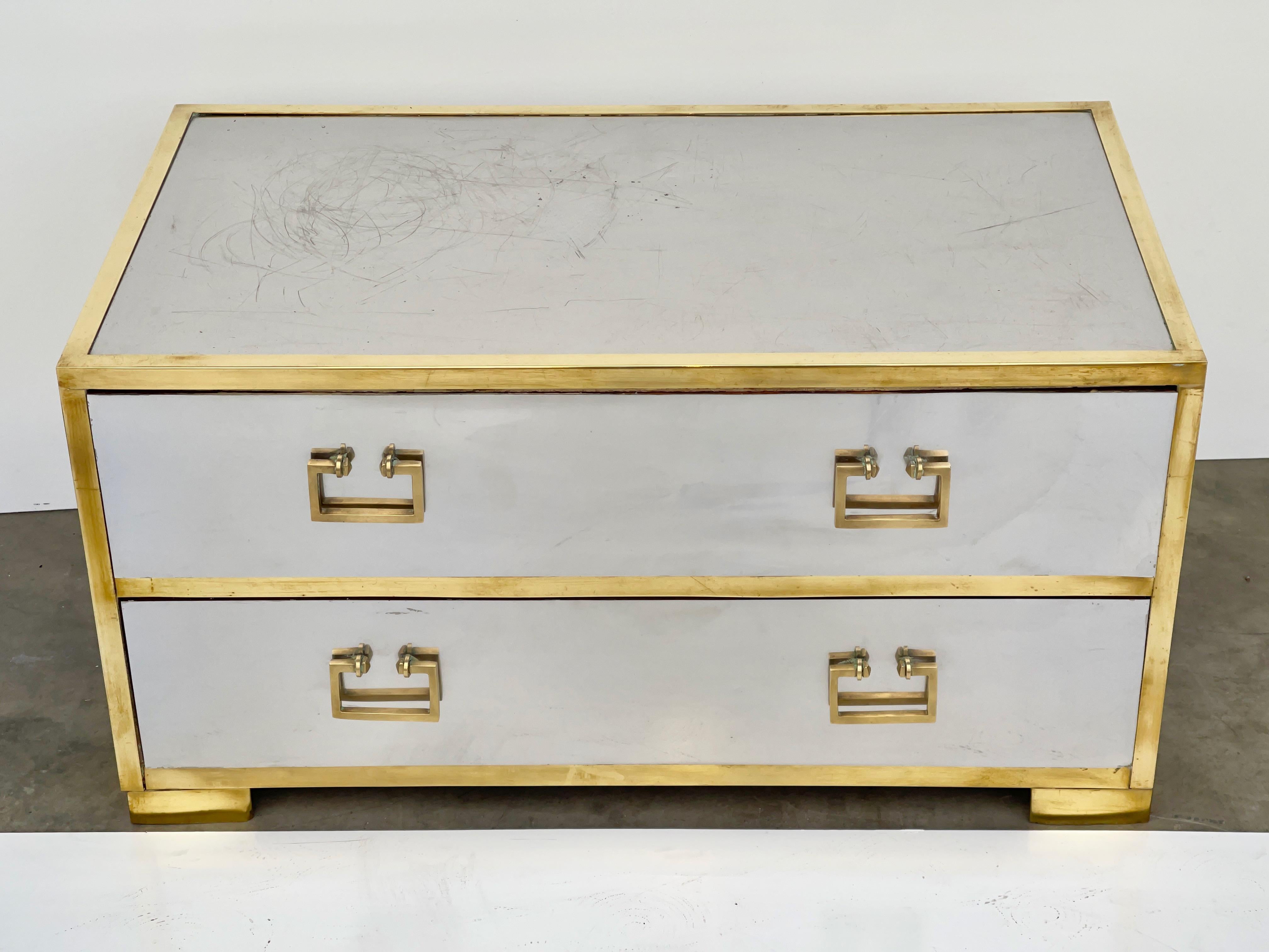 Campaign Sarreid Two-Drawer Low Chest in Mirror Polished Stainless and Brass For Sale