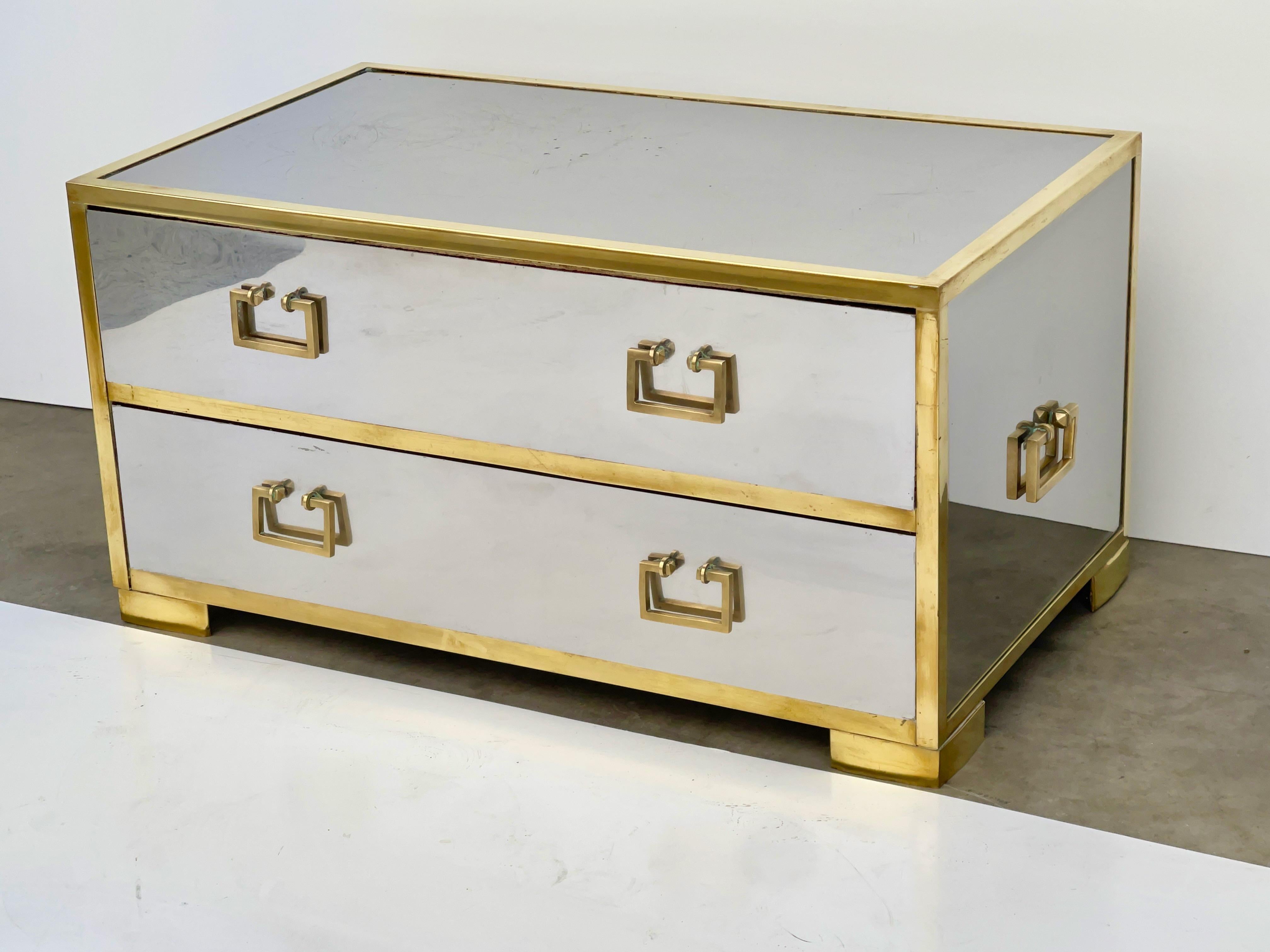 Spanish Sarreid Two-Drawer Low Chest in Mirror Polished Stainless and Brass For Sale