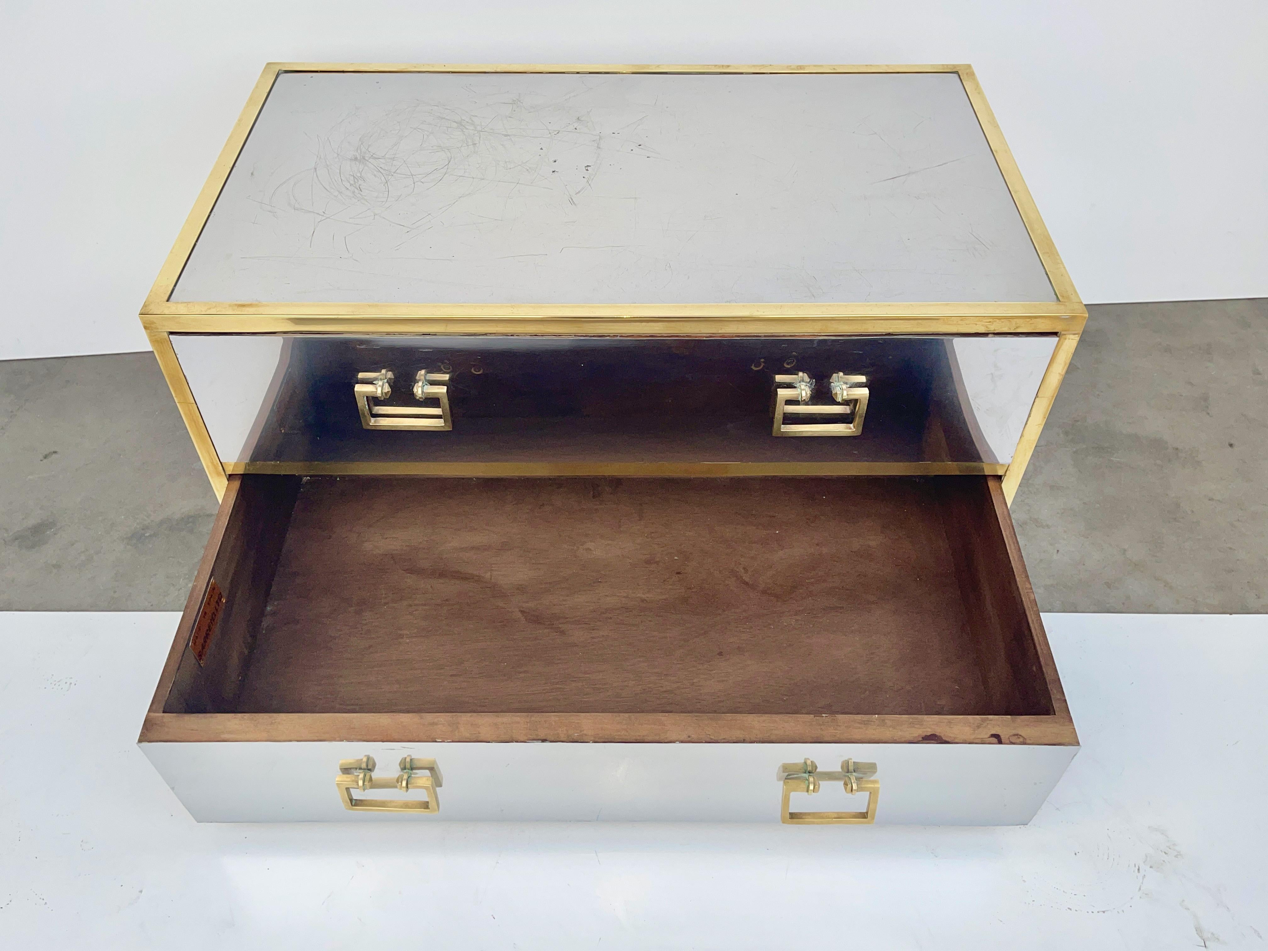 Mid-20th Century Sarreid Two-Drawer Low Chest in Mirror Polished Stainless and Brass For Sale