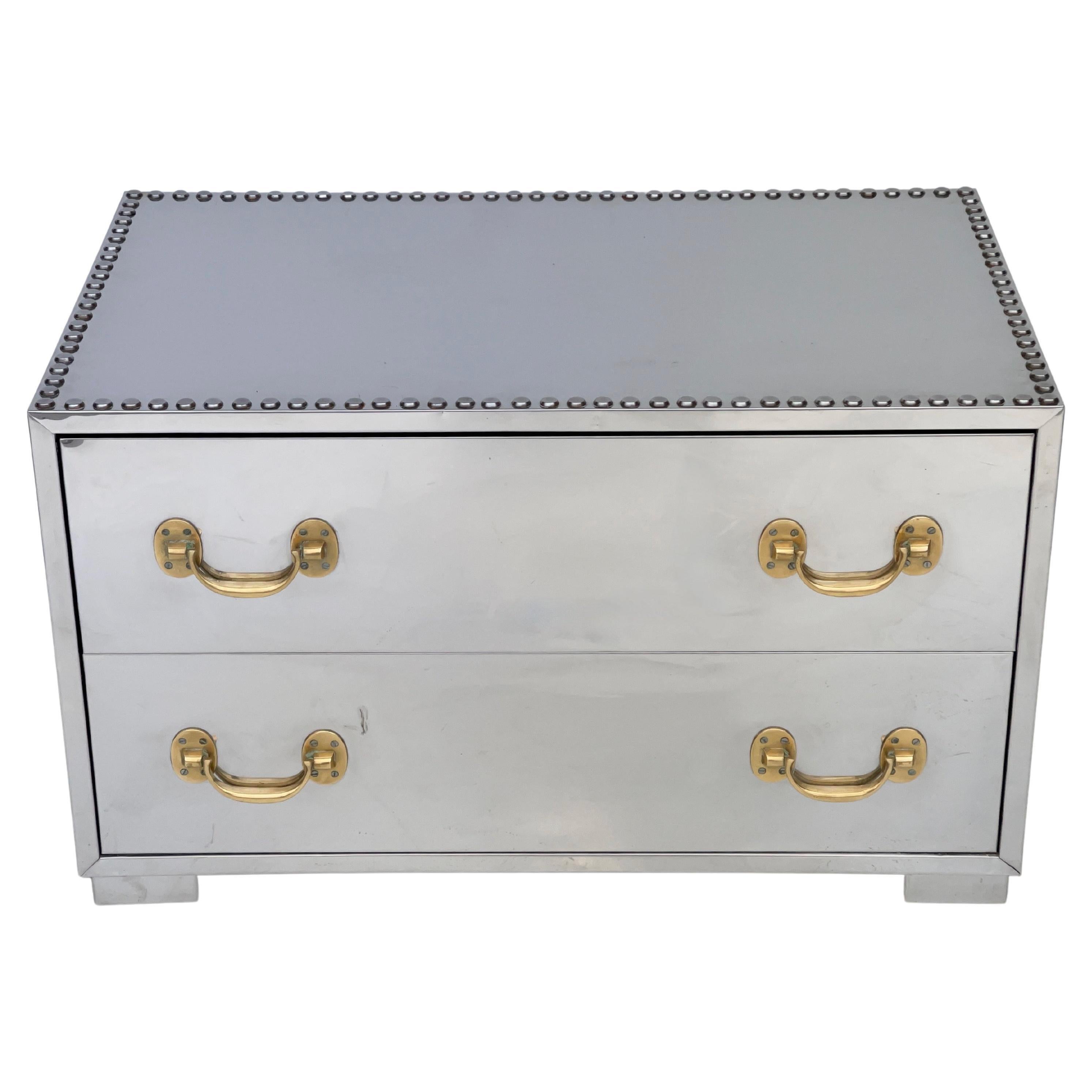 Sarreid Two-Drawer Low Chest in Mirror Polished Stainless and Brass For Sale 2