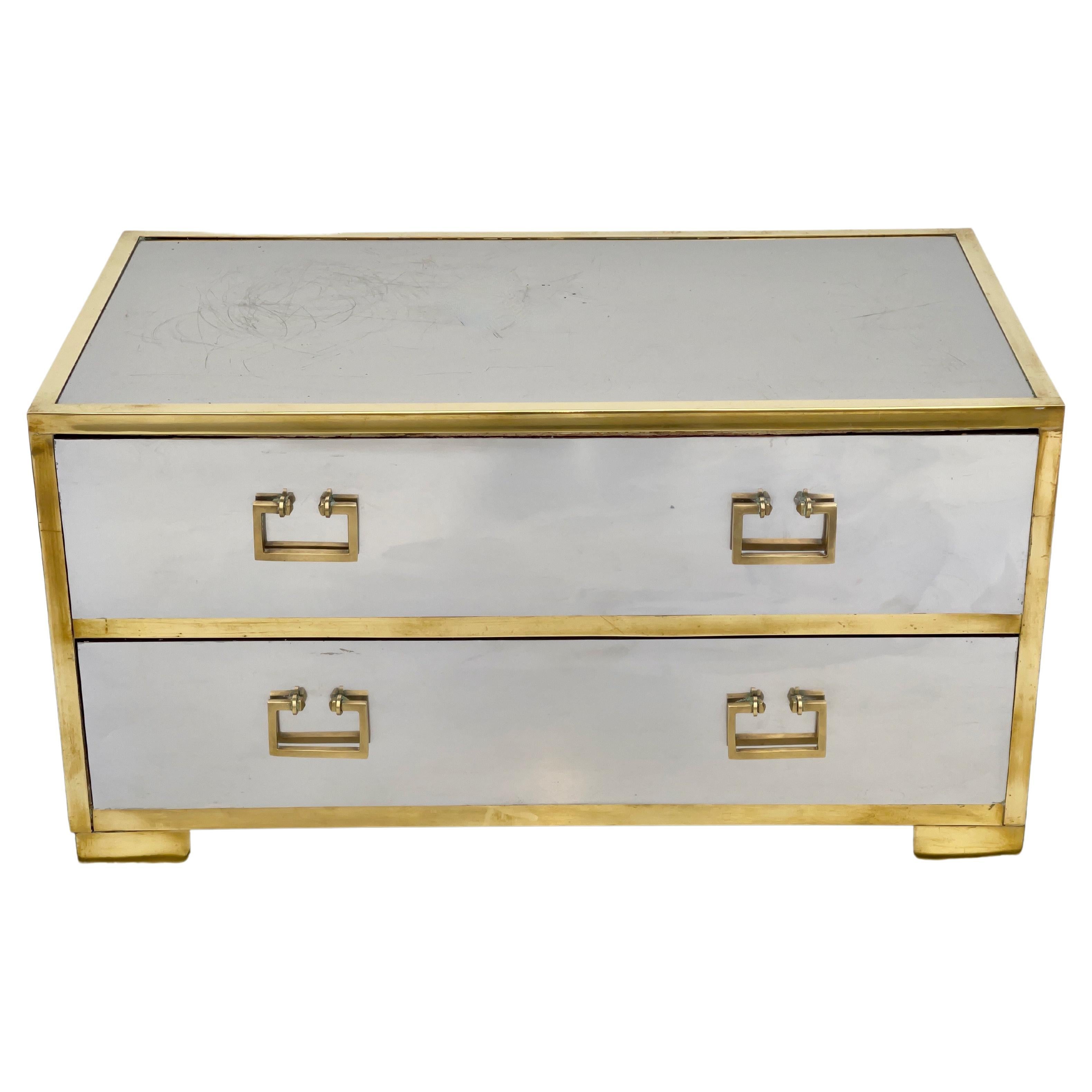 Sarreid Two-Drawer Low Chest in Mirror Polished Stainless and Brass For Sale