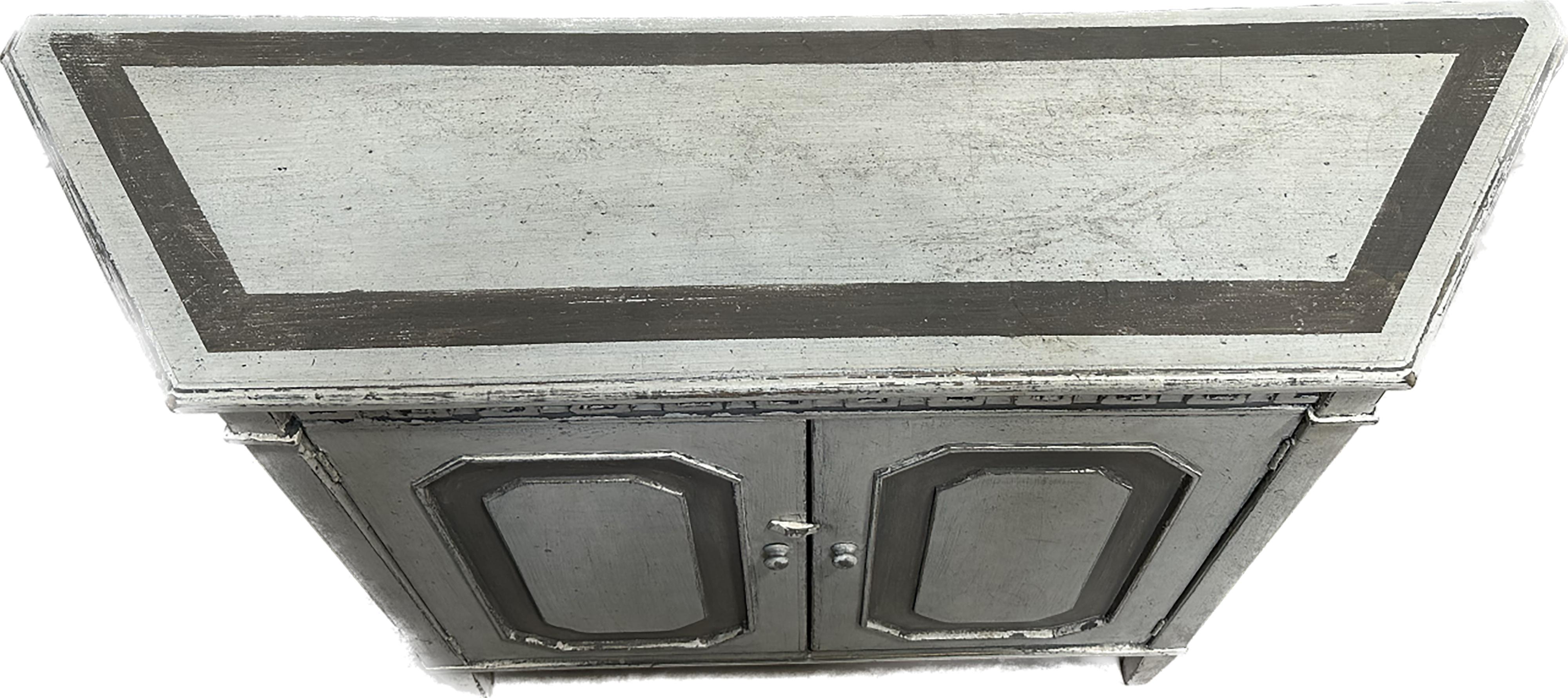 A handsome sarreid vintage Wrenn credenza with hand painted stone gray paneled doors. Greek key frieze pattern included along the upper face of the piece. Raised on square tapered legs. Back of the piece is unpainted. Italianate, 19th Century. Made