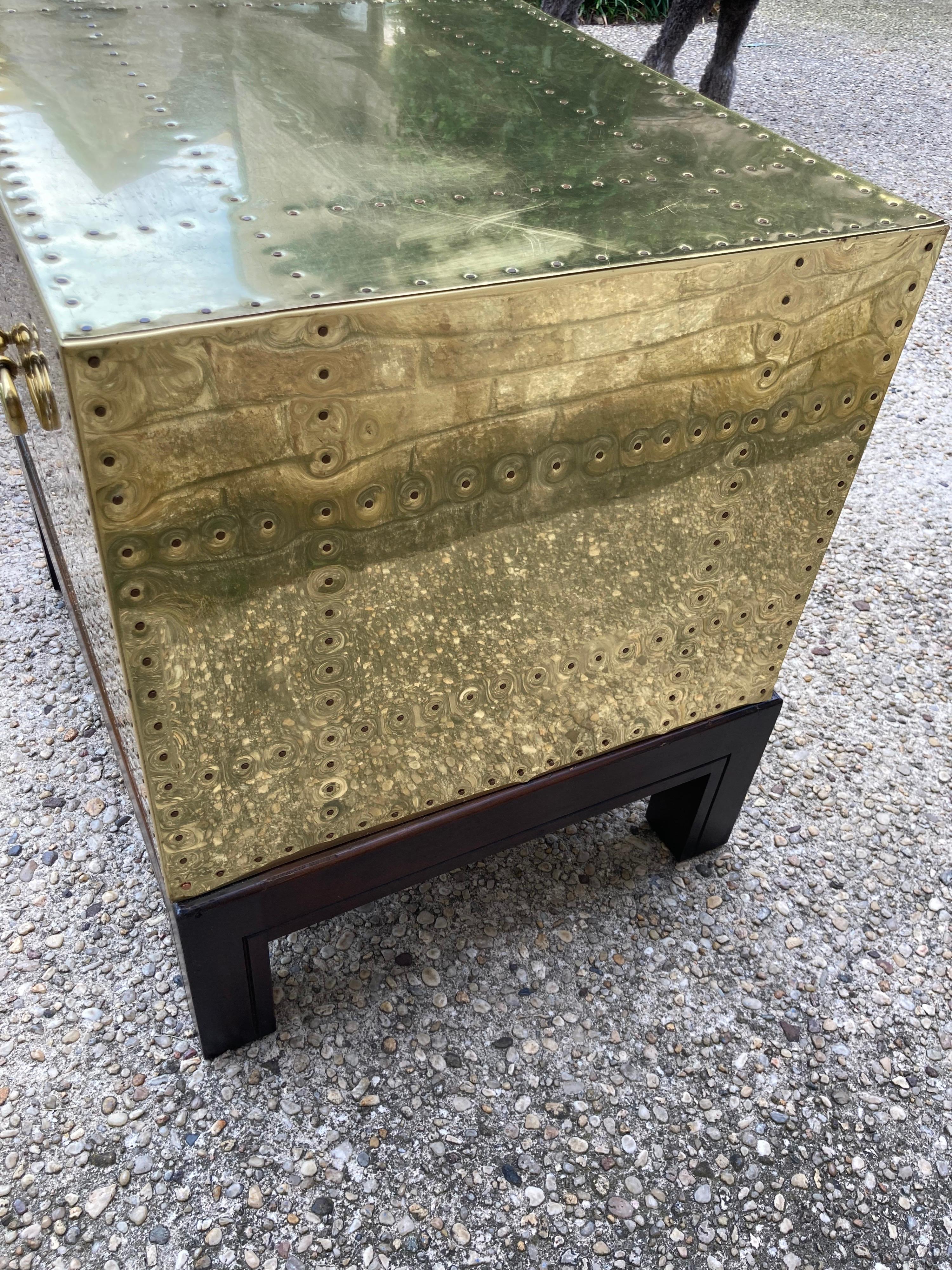Pair of Sarreid Brass Chests on Stands In Good Condition In East Hampton, NY