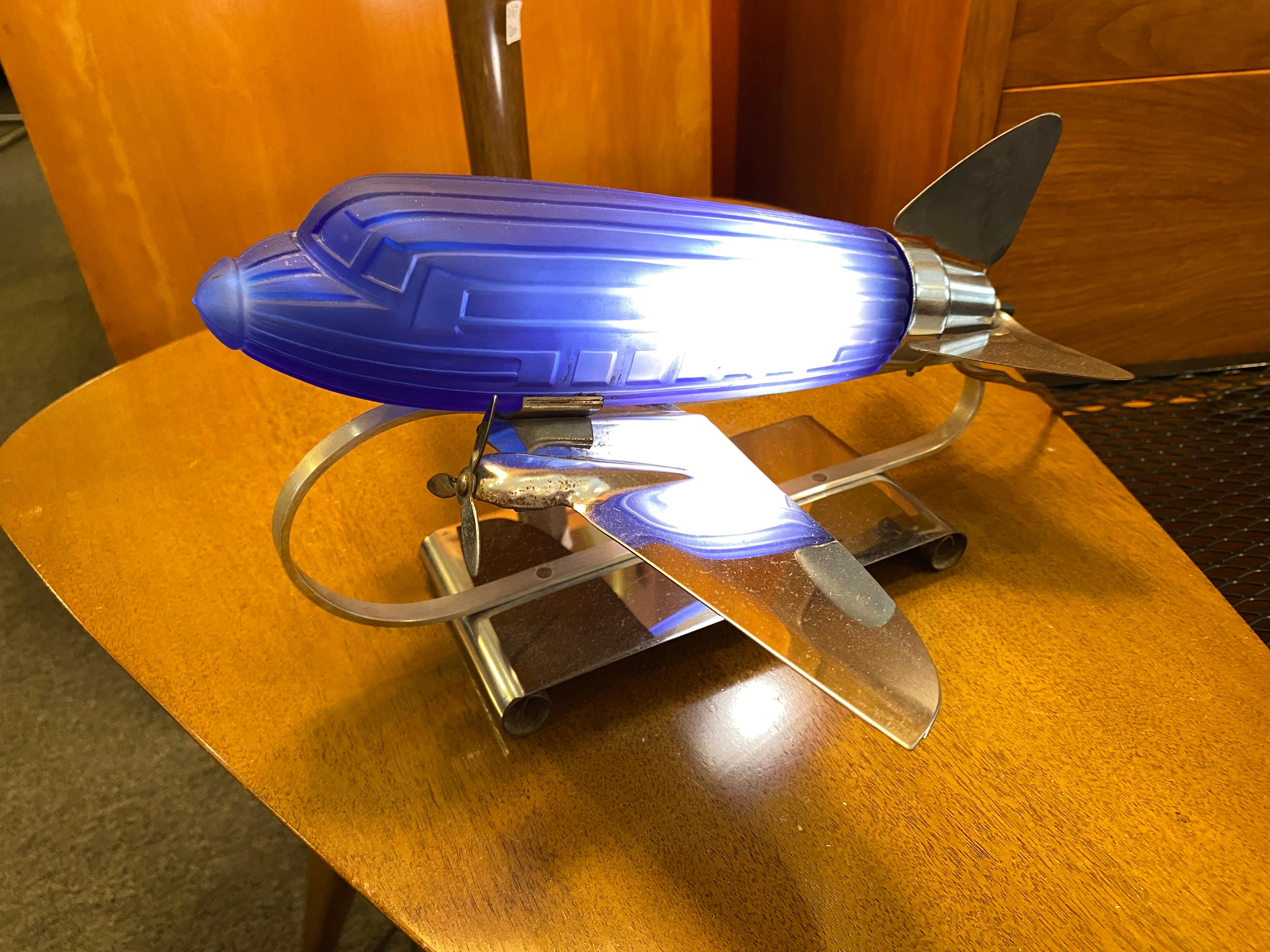 Art Deco Sarsaparilla Chrome and Blue Glass Airplane Lamp