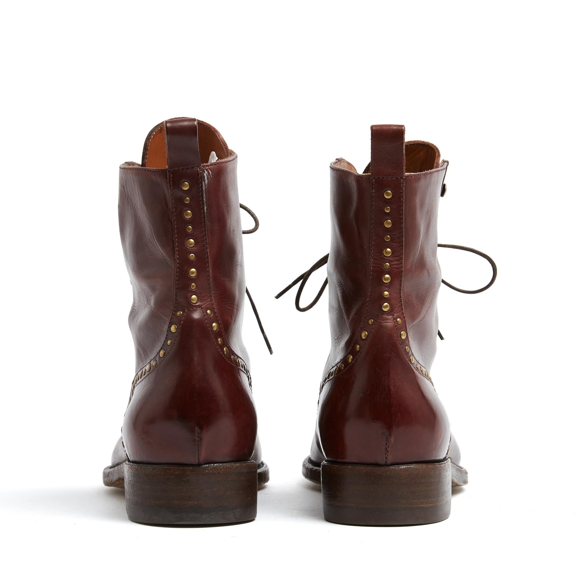 Sartore Bottines EU38 Burdungy leather and snails lace up ankle boots UK5 US7.5 In Excellent Condition For Sale In PARIS, FR