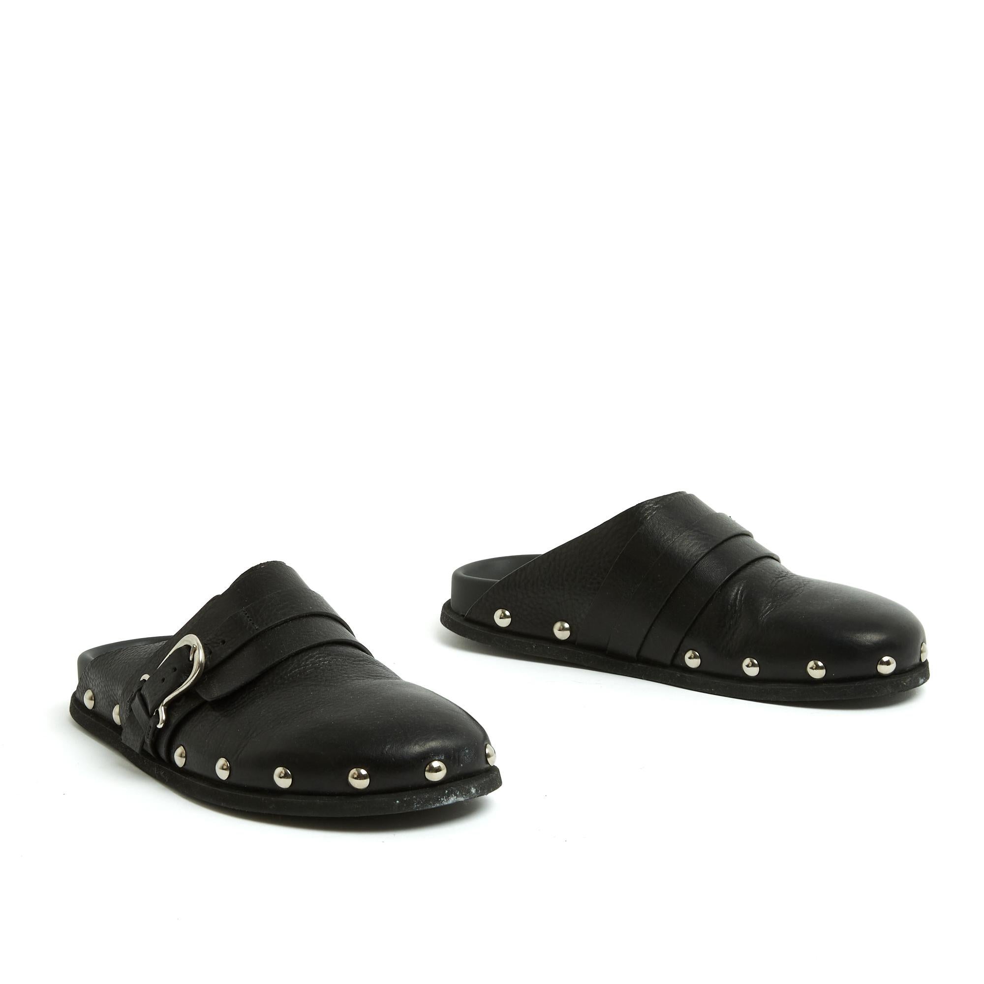 Sartore Mules EU38 Black Leather Studed Clogs Slippers Mules UK5 US7.5 In Excellent Condition For Sale In PARIS, FR