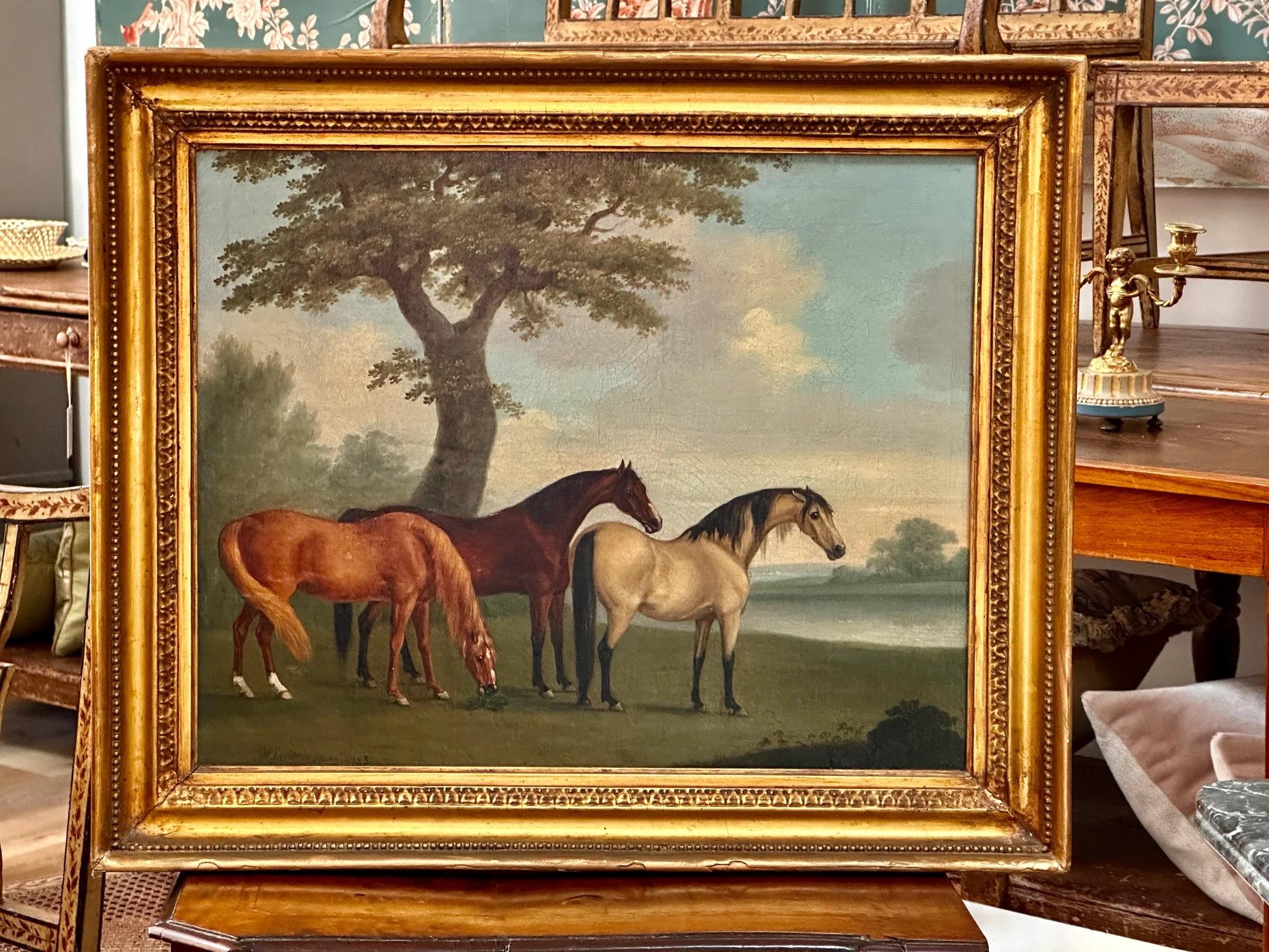 Three horses in a landscape overlooking water, signed (1759-1828), oil on canvas,  signed lower right,  signed John Nost Sartorious / Francis Sartorious/ John Francis S?? (1759-1828) Alias:John Nott SartoriusL. N. Satorius 16 7/8” h. x 20 ¾” w, the